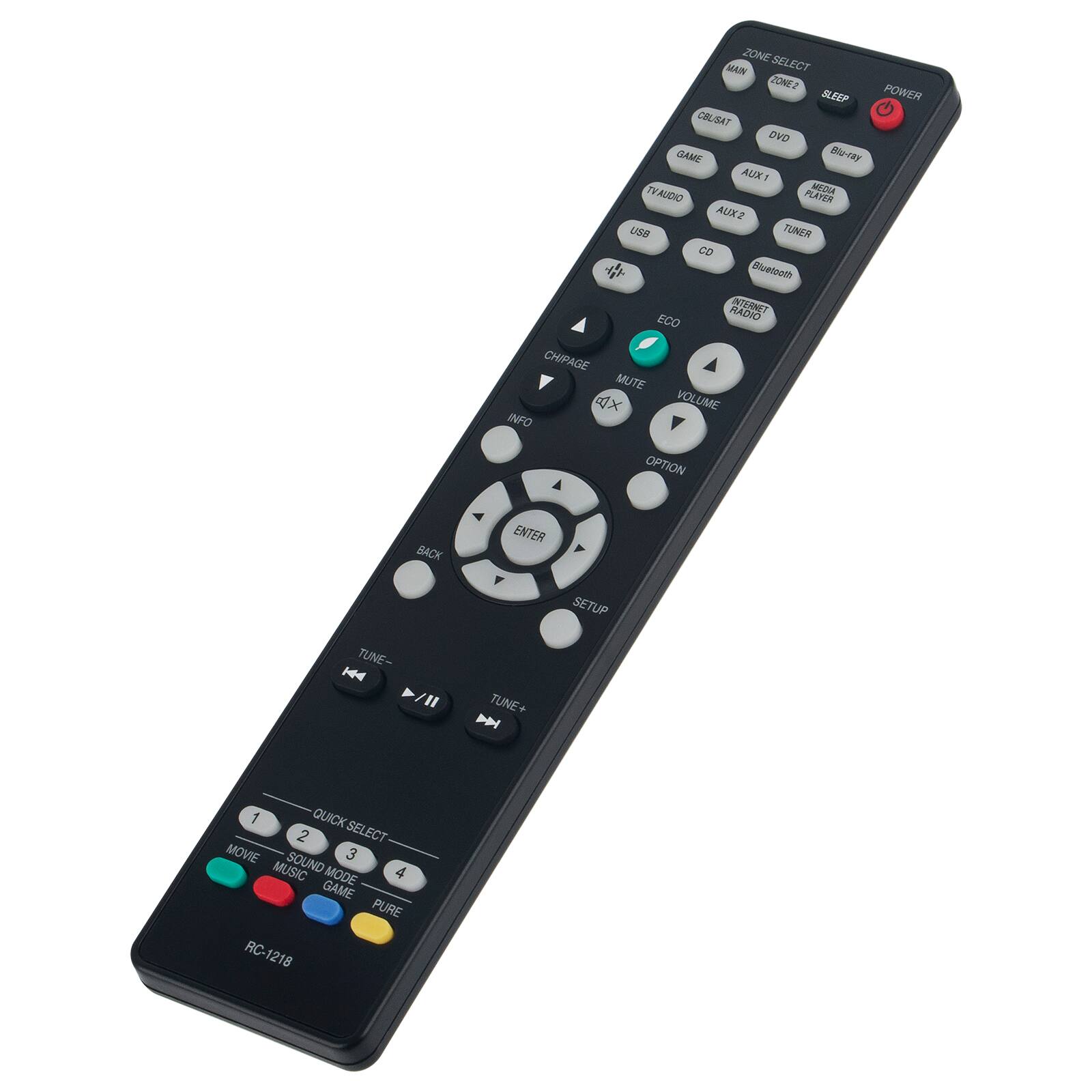 ZONE SELECT  
MAIN  
ZONE2  
SLEEP  
POWER  

CBL/SAT  
DVD  
BLU-RAY  

TV AUDIO  
AUX 1  
AUX 2  
USB  
CD  
TUNER  
BLUETOOTH  

ECO  
CHIPAGE  
MUTE  
VOLUME  

INFO  
OPTION  
BACK  
ENTER  
SETUP  

TUNE-  
TUNE+  

QUICK SELECT  
1 MOVIE  
2 SOUND MODE  
3 MUSIC  
4 GAME  
PURE  

RC-1218