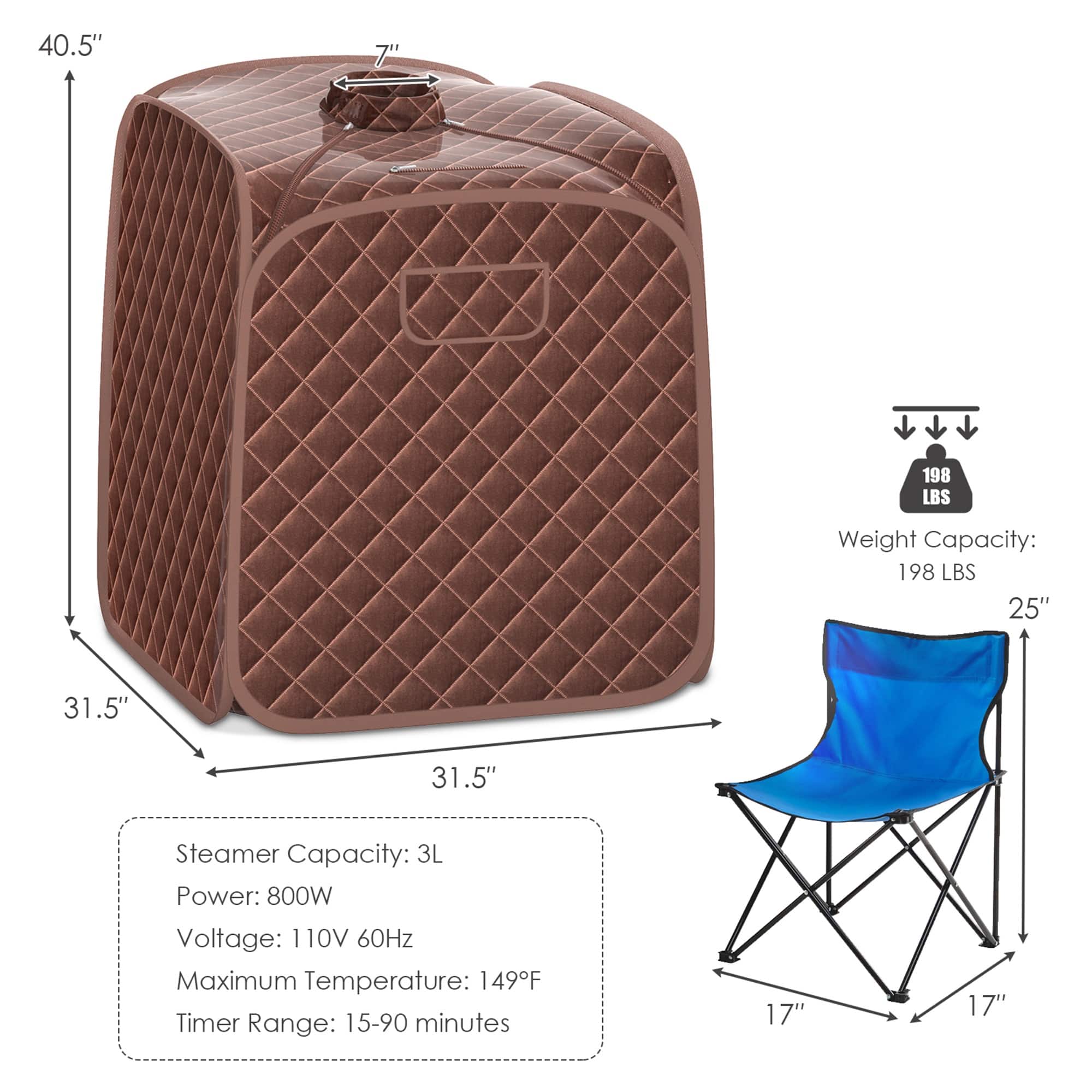 The image features a brown and blue chair with a weight capacity of 198 lbs. The chair has a steamer capacity of 3 liters and is powered by 800W with a voltage of 110V and 60Hz. The maximum temperature for the steamer is 149F, and the timer range is 15-90 minutes. The chair is shown next to a brown and blue box with dimensions of 40.5" x 7" x 31.5". The box is designed to hold the steamer and is made of durable materials.