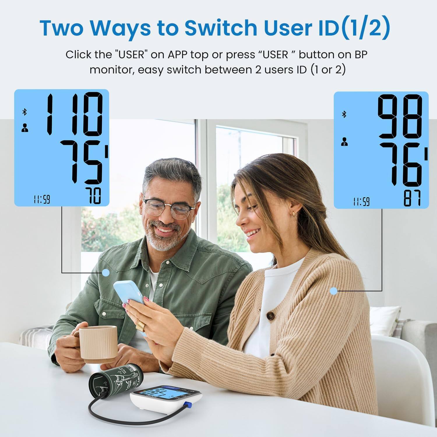 Two Ways to Switch User ID(1/2)  
Click the "USER" on APP top or press "USER" button on BP monitor, easy switch between 2 users ID (1 or 2)  

110  
75  
70  
11:59  

98  
76  
87  
11:59