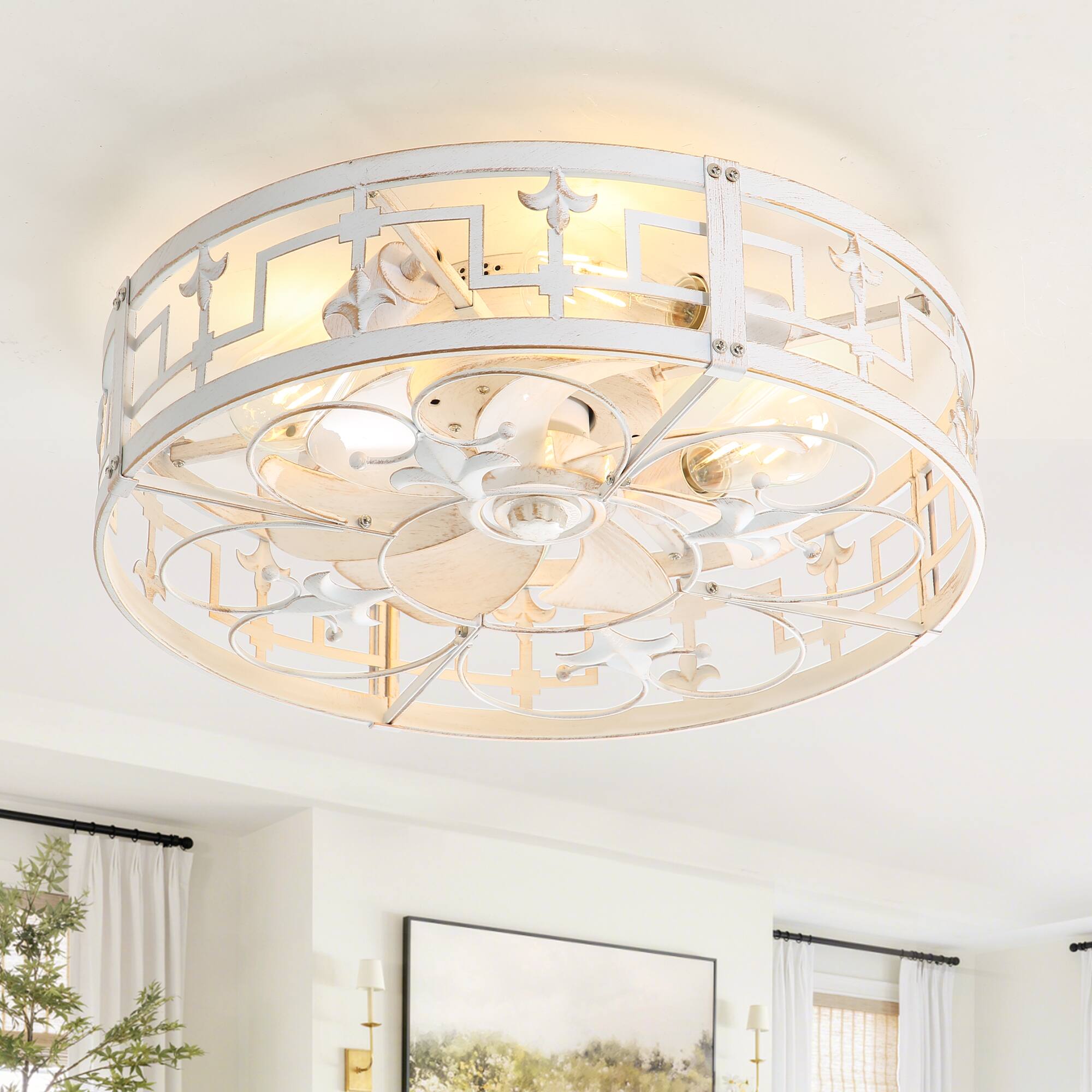 Front. Breezary - 20" Indoor Flush Mount Enclosed Ceiling Fan with Light Kit and Remote, 7 ABS Blades, 6-Speed DC Motor, Timer - Distressed White and Gold.