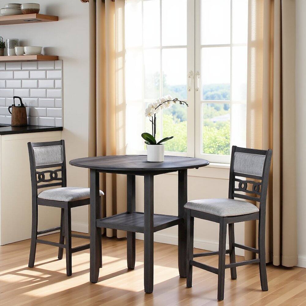 Angle. FurniFact - Gray 3 Piece Drop Leaf Table and 2 Chairs, Small Round Dining Table Set - Grey.