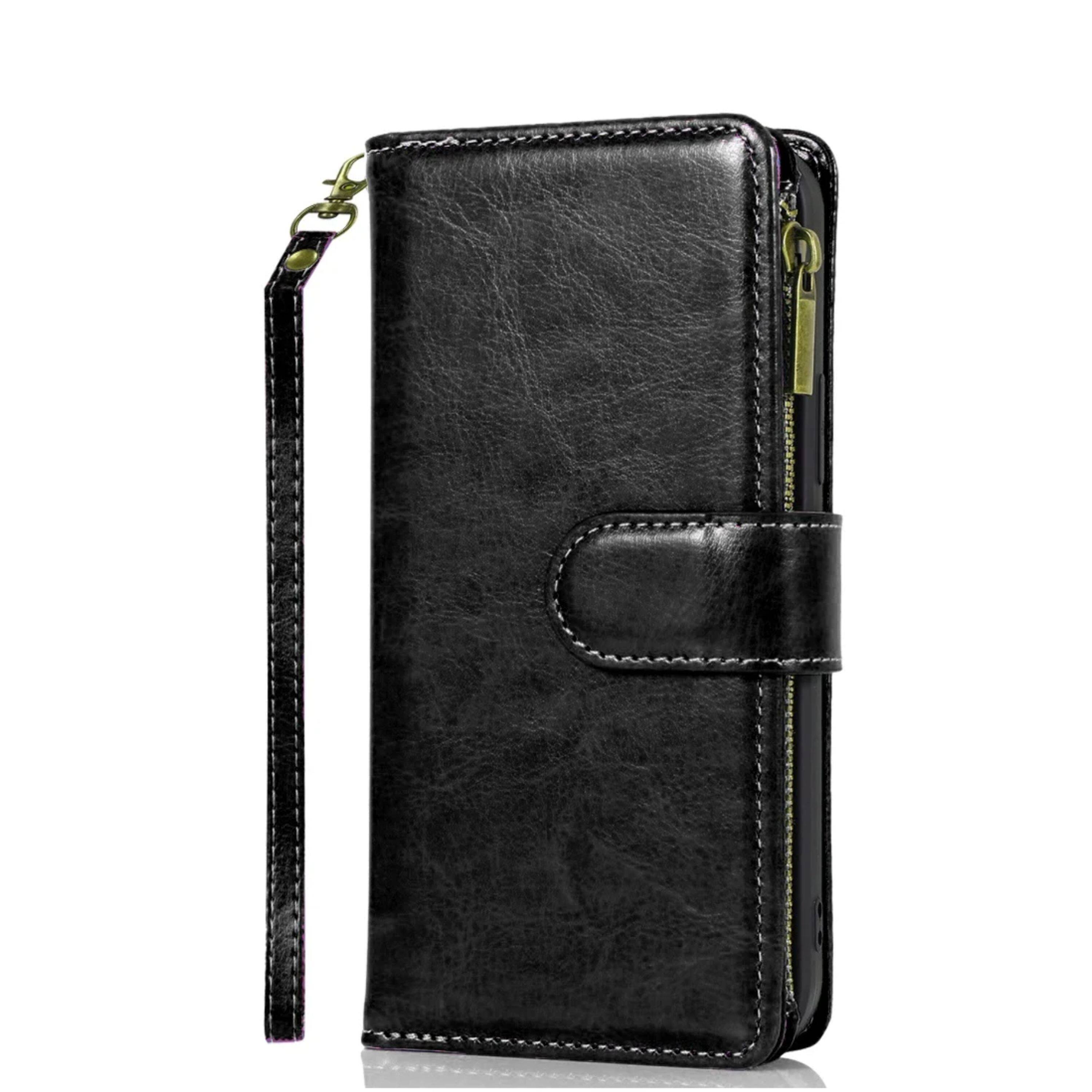 Back. Kitcheniva - PU Leather Wallet Zipper Phone Case With Tempered Glass For Samsung Galaxy S25 Ultra Black - Black.