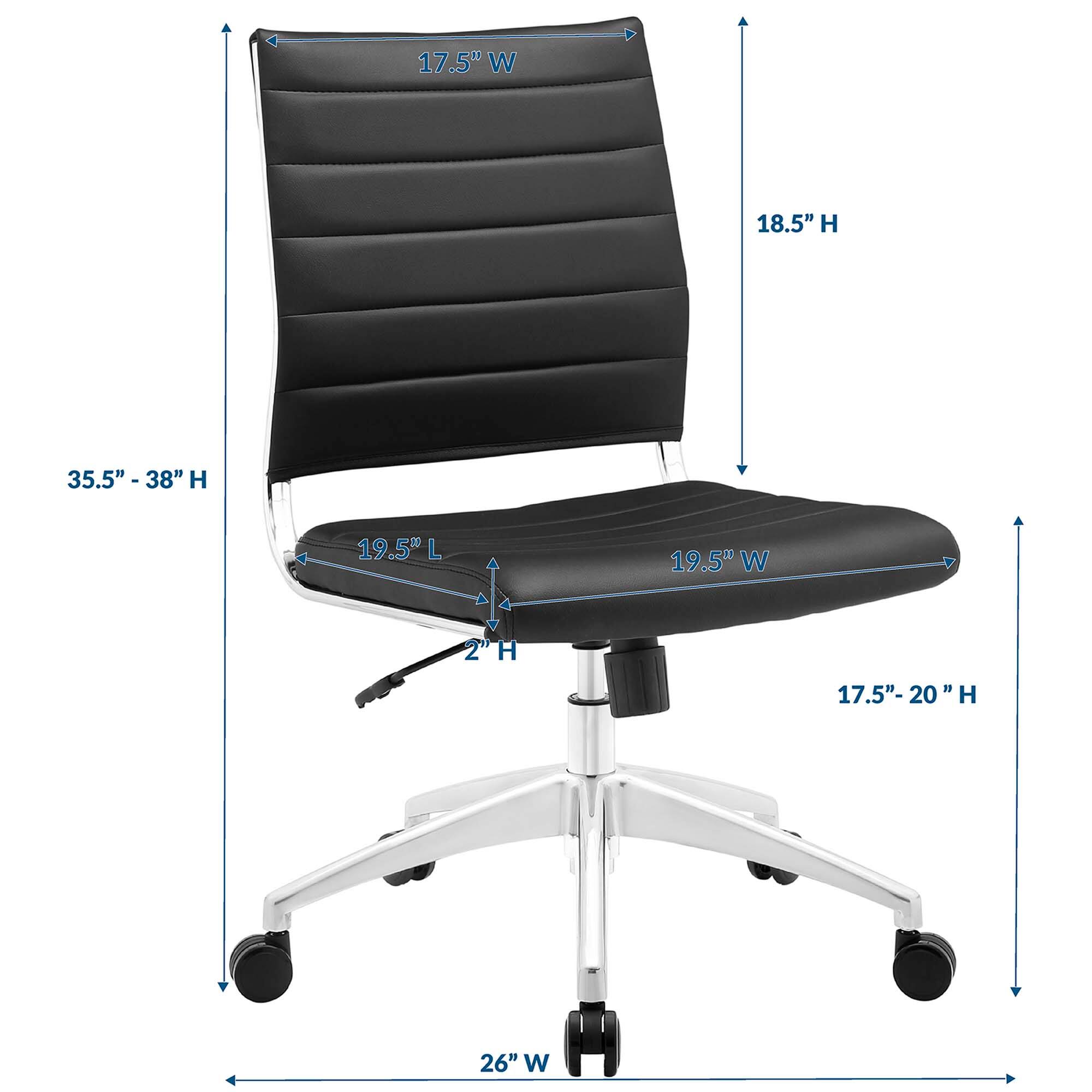 - Width: 17.5"
- Height: 18.5"
- Seat Height: 17.5" - 20"
- Seat Depth: 19.5"
- Seat Width: 19.5"
- Back Height: 35.5" - 38"
- Base Width: 26"