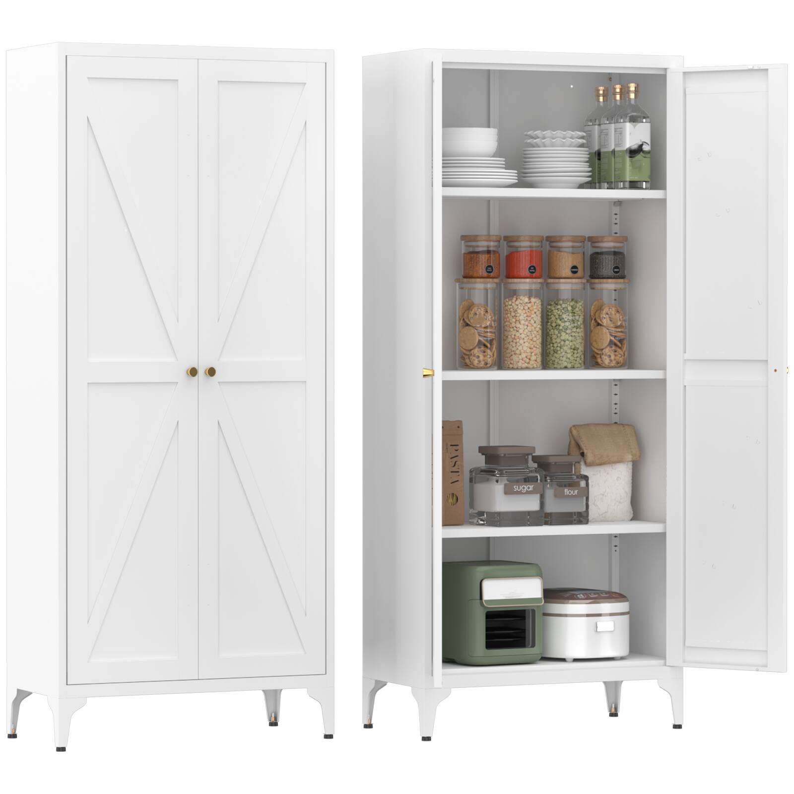 GOODSILO - Adjustable Metal Storage Cabinet with Double Doors and Customizable Shelves for Kitchen Pantry Organization - White