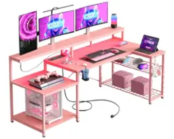 Bestier 71inch L-Shaped LED Gaming Desk with Power Outlet Computer Desk - Pink - Front_Zoom