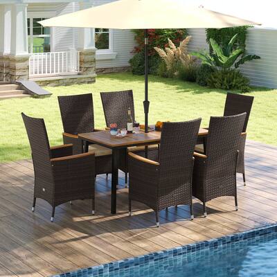 brown wicker patio table with umbrella hole SUNSITT 9-Piece Extendable Outdoor Dining Set 63"94" Wood Woven Chairs & Hole, Seats 8 Enhance your patio Umbrella Table with 2 Weight