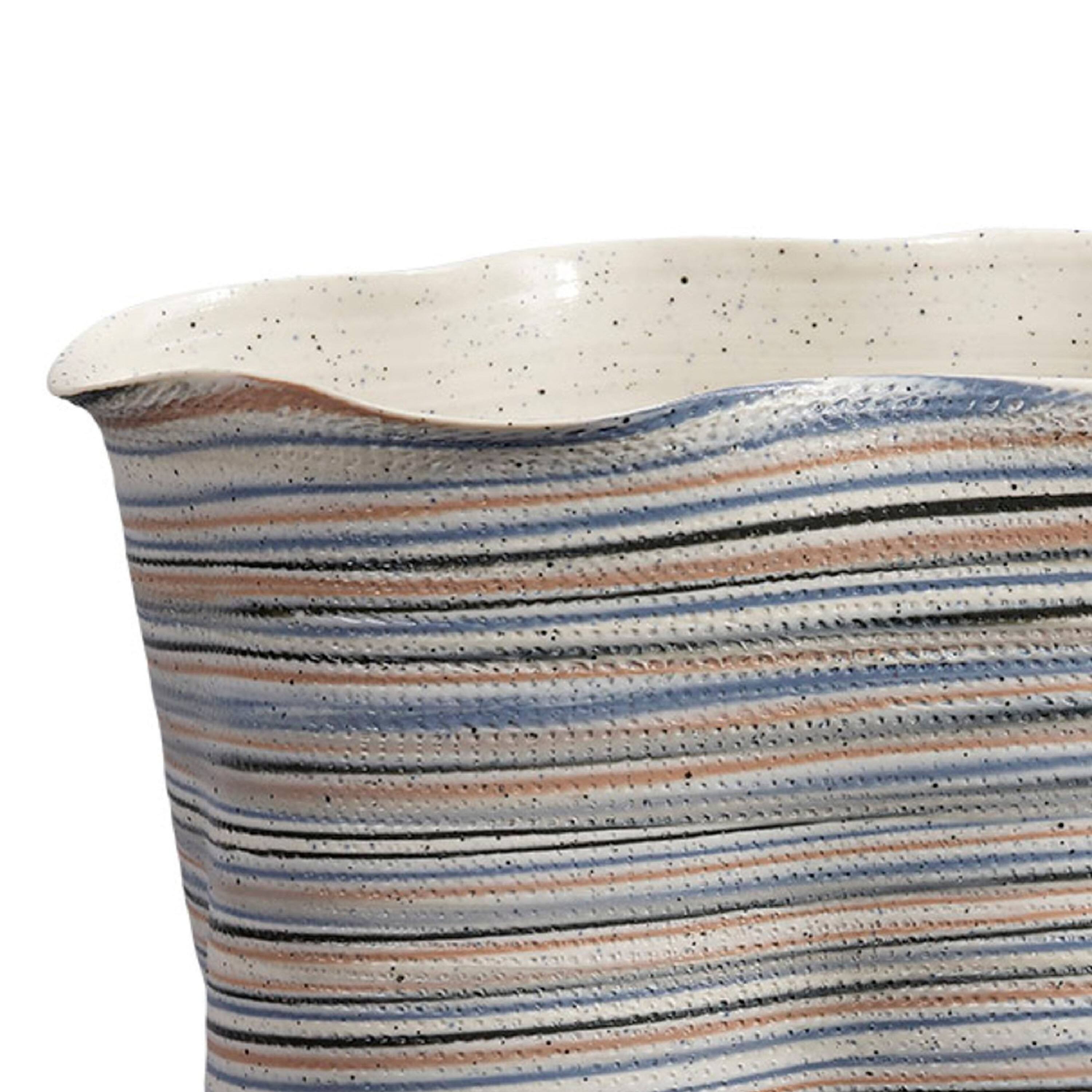 Left. Manhattan Lane - Kerya Decorative Vase, 13 Inch   Striped, Wavy Rim Porcelain - Blue, White.