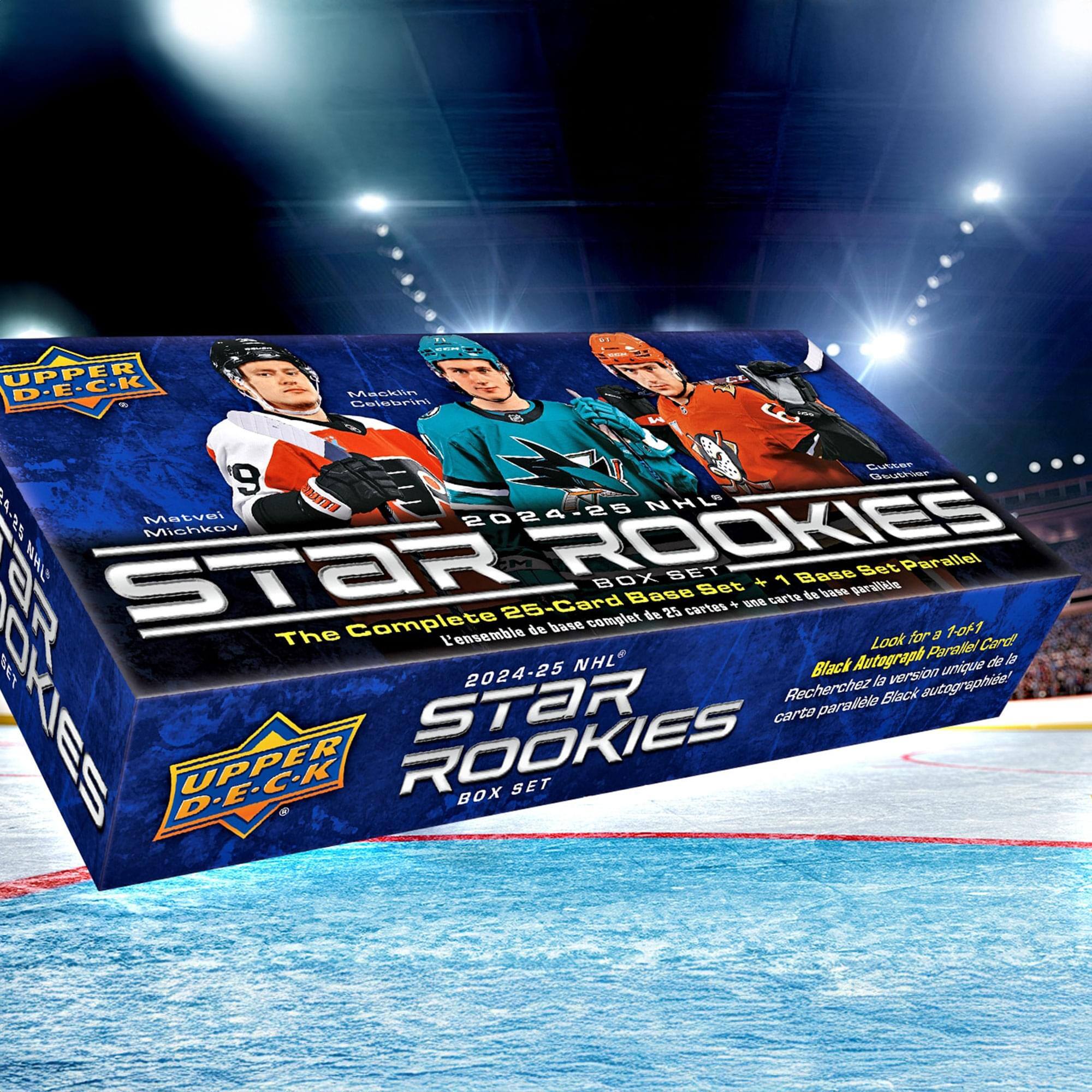 UPPER D-E-C-K  
Meckin Celebein Guttee 9 nir 24-25  
2024-25 NHL  
Matvel Michkoy  
ROOKIES H  
Bet Parallel  
STaR BOX SET  
Y 1 Base Base Set de 94 parallible aR 25-Card  
4 carie de 25 cartes Complete de nead complet  
1061 The l'ensemble for 8 Look Paralel Card  
NHL Autograph de la 219  
2024-25 Black version unique la autographice!  
Recherchez Black OKIES  
UPPER ROOKIES STAR BOX SET carto paralelo