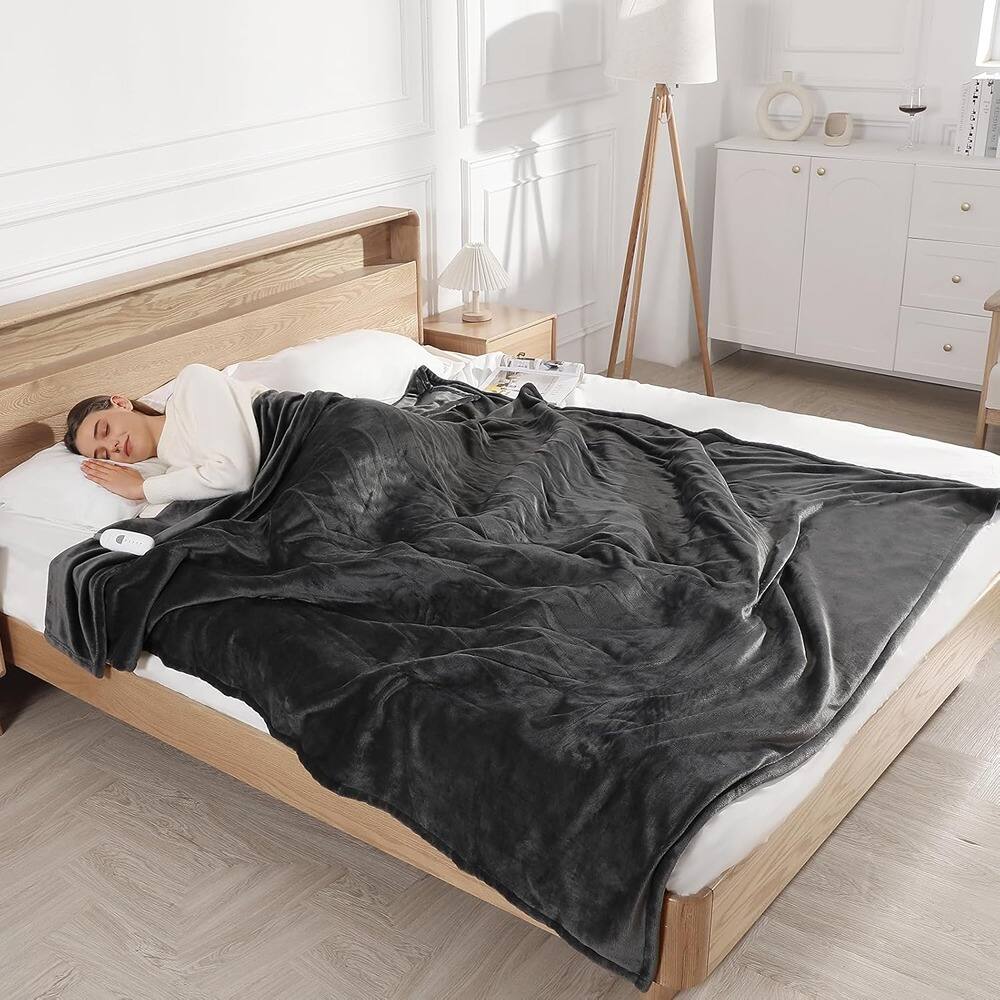 Back. MOSZAR LLC - Electric Heated Blanket Queen – Soft Plush Flannel, Dual Controls, Charcoal Grey - Charcoal Grey.