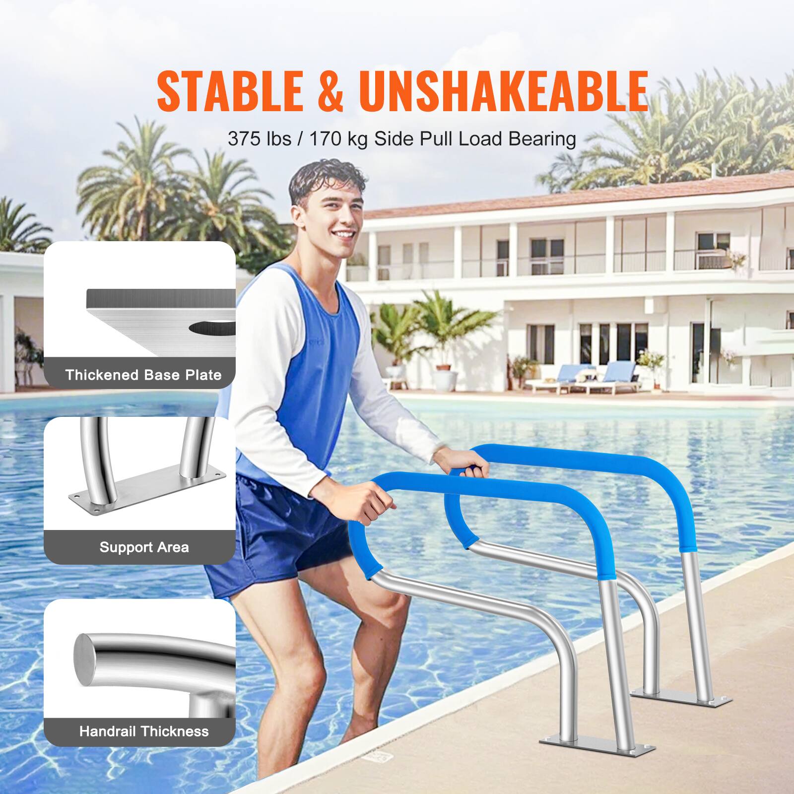 STABLE & UNSHAKEABLE  
375 lbs / 170 kg Side Pull Load Bearing  

Thickened Base Plate  
Support Area  
Handrail Thickness