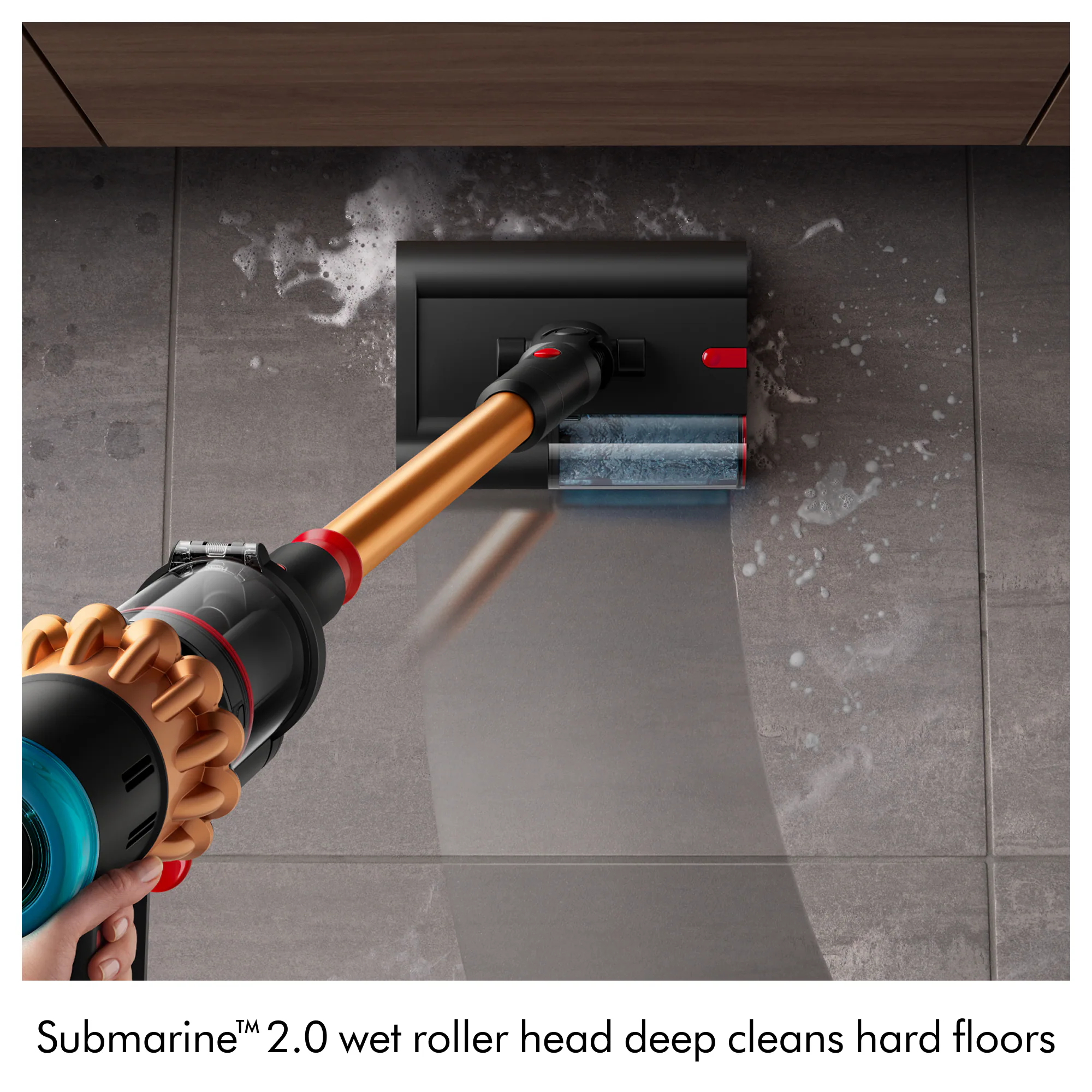 Submarine™ 2.0 wet roller head deep cleans hard floors