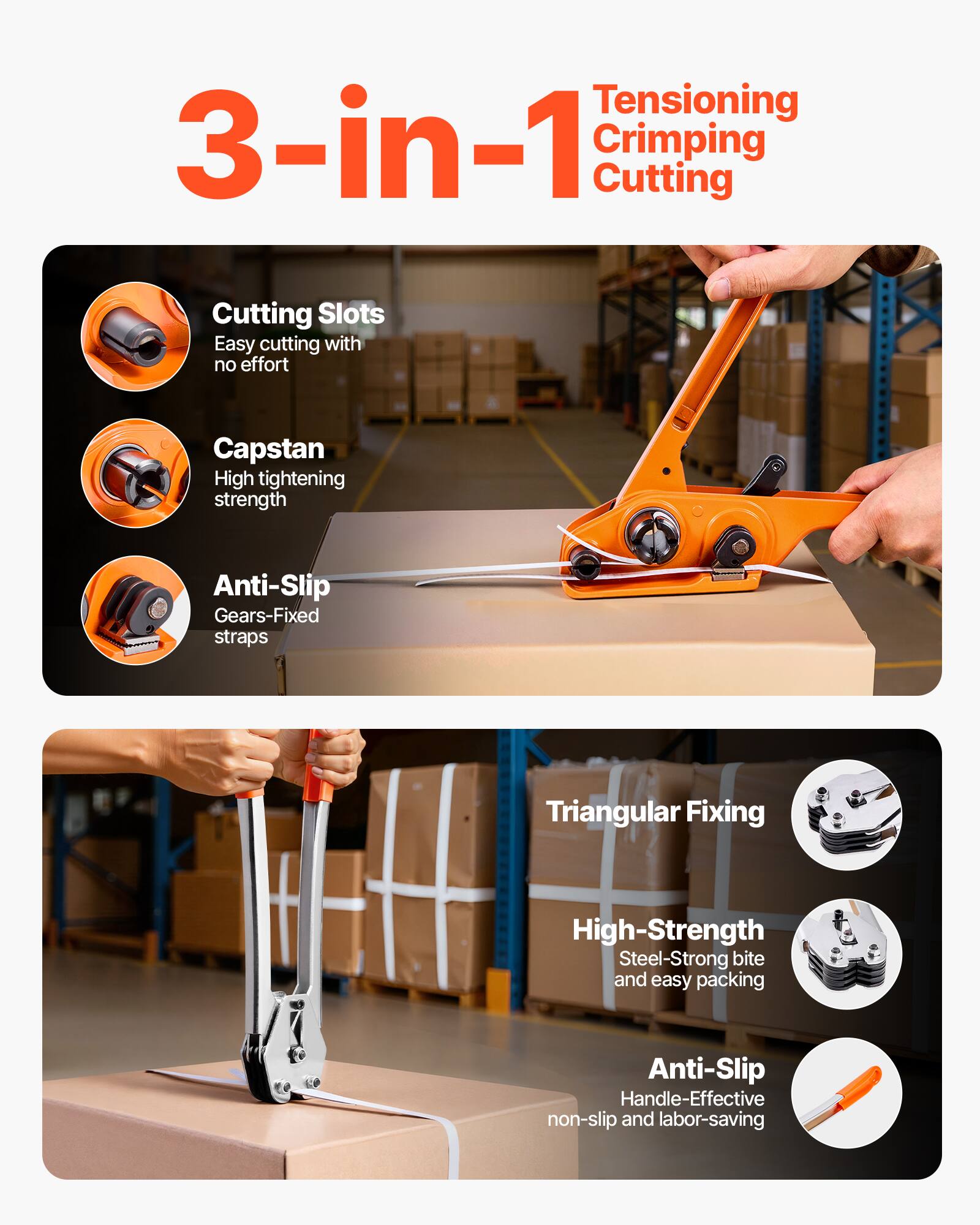 - Tensioning 3-in-1 Crimping Cutting
- Cutting Slots: Easy cutting with no effort
- Capstan: High tightening strength
- Anti-Slip: Gears-Fixed straps
- Triangular Fixing
- High-Strength Steel: Strong bite and easy packing
- Anti-Slip Handle: Effective non-slip and labor-saving