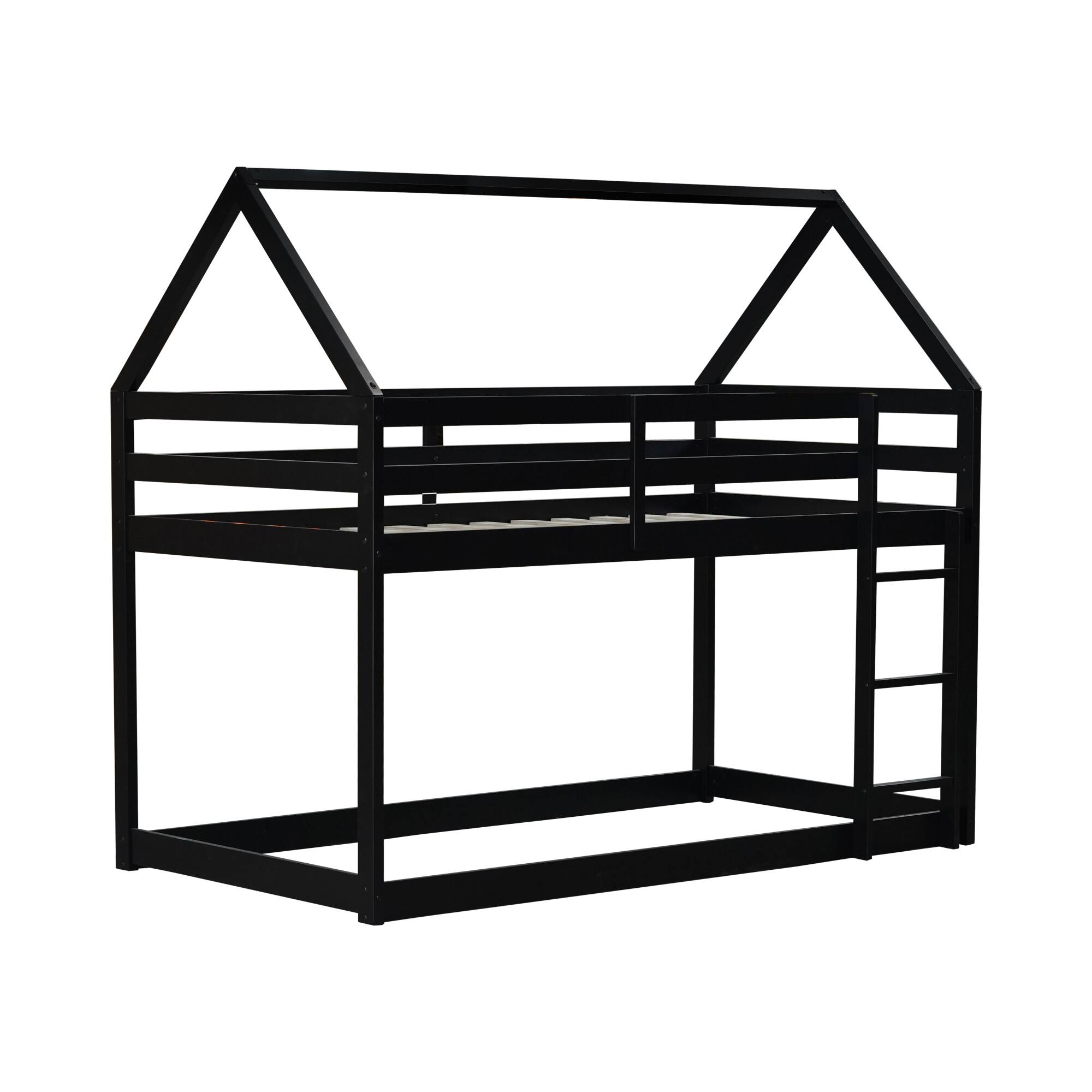 Alt View 4. GOODSILO - House-Shaped Twin Over Twin Rubber Wood Bunk Bed with Ladder and Guardrails for Kids - Black.