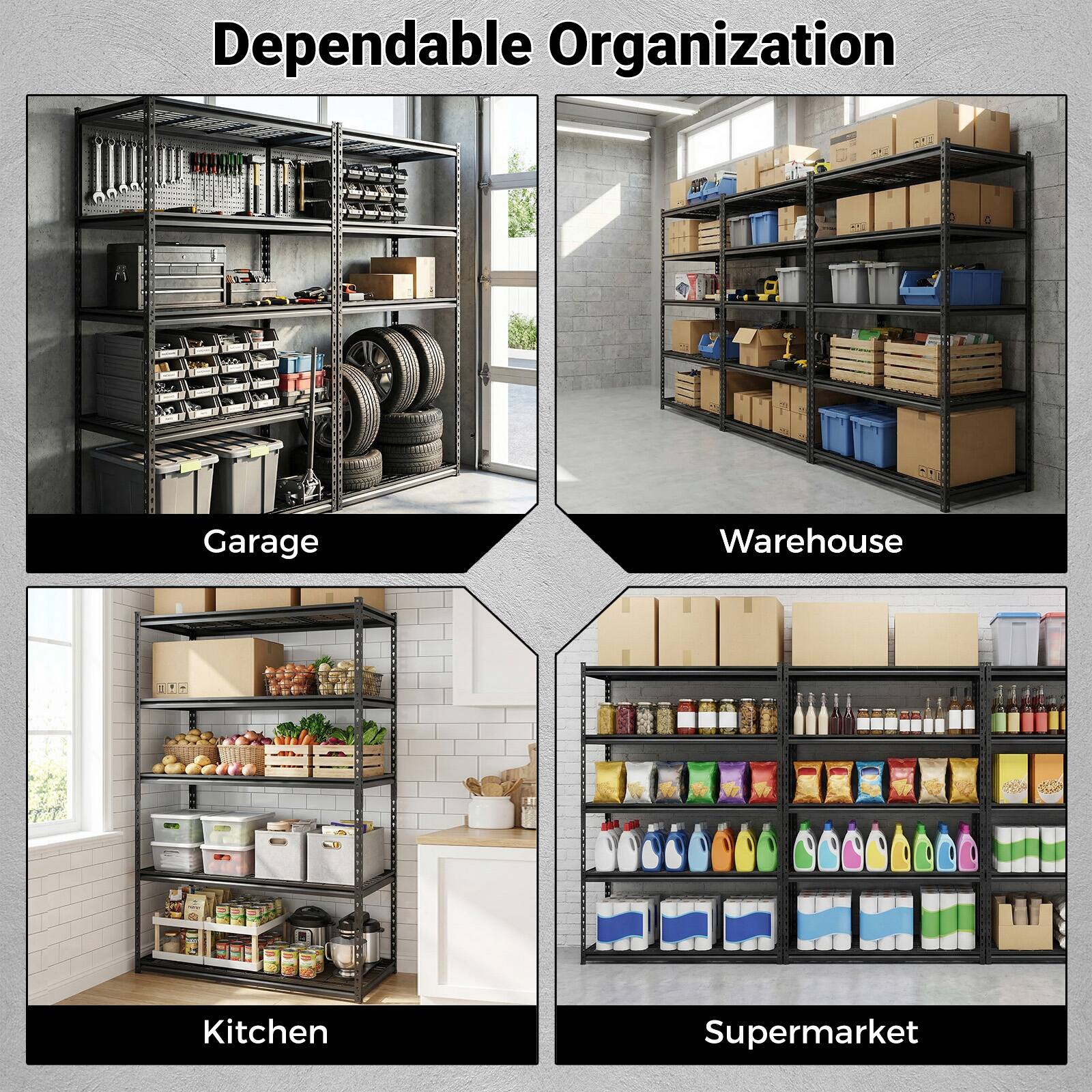 Dependable Organization

Garage  
Warehouse  
Kitchen  
Supermarket