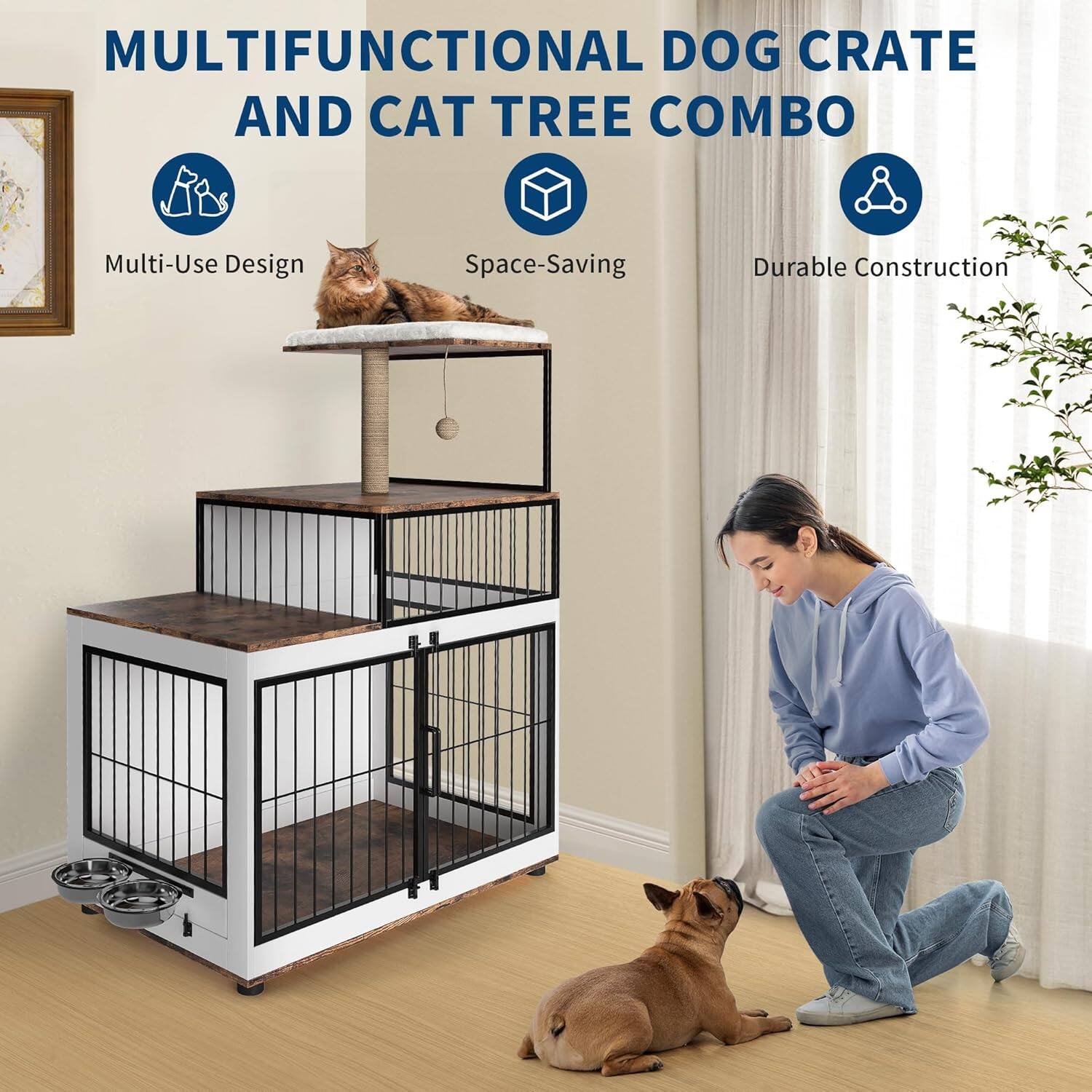 MULTIFUNCTIONAL DOG CRATE AND CAT TREE COMBO

- Multi-Use Design
- Space-Saving
- Durable Construction