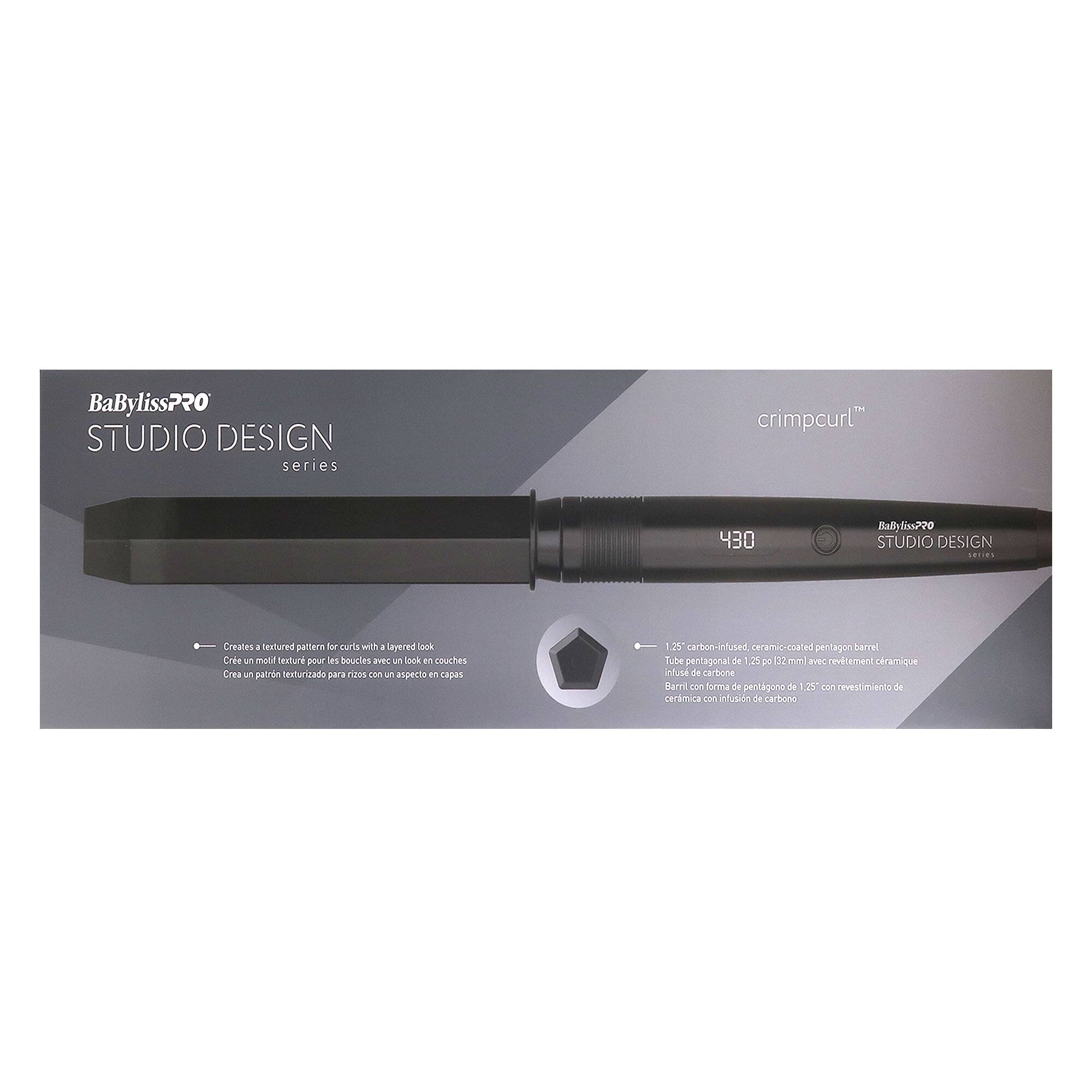 BaBylissPRO STUDIO DESIGN series crimpcurl 430  
BaByliss270 STUDIO DESIGN SERIES  
Creates a Textured pattern for curls with layered look  
Crea un molde texturizado para rizos con un look en capas  
Crea un patrón texturizado para rizos con aspecto en capas  
12% carbon-infused ceramic-coated pentagon barrel  
Tube pentagonal de 25 mm avec revêtement céramique infusé de carbone  
Barra con forma de pentágono de 25 mm con revestimiento de cerámica infundida de carbono