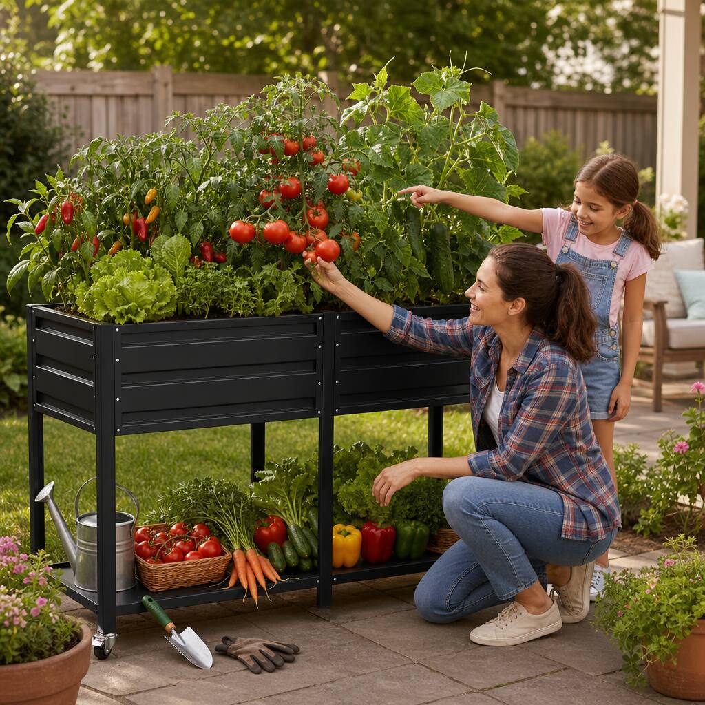 Alt View 2. Loheer - Loheer Elevated Raised Garden Bed with Wheels Metal Planter Box Two Tier Patio Rolling Planter with Storage Shelf.