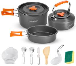 NutriChef - Camping Nonstick Cookware Set - Pots, Pans, Utensils, Bowls, Cutlery (Grey) - Gray