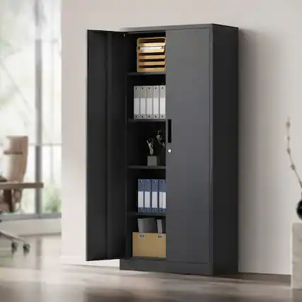 Front. RYHNUYNE - 72 in Tall Metal Garage Storage Cabinet, 35.4 in Wide Steel Locking Cabinet with 4 Adjustable Shelves, Black - Black.