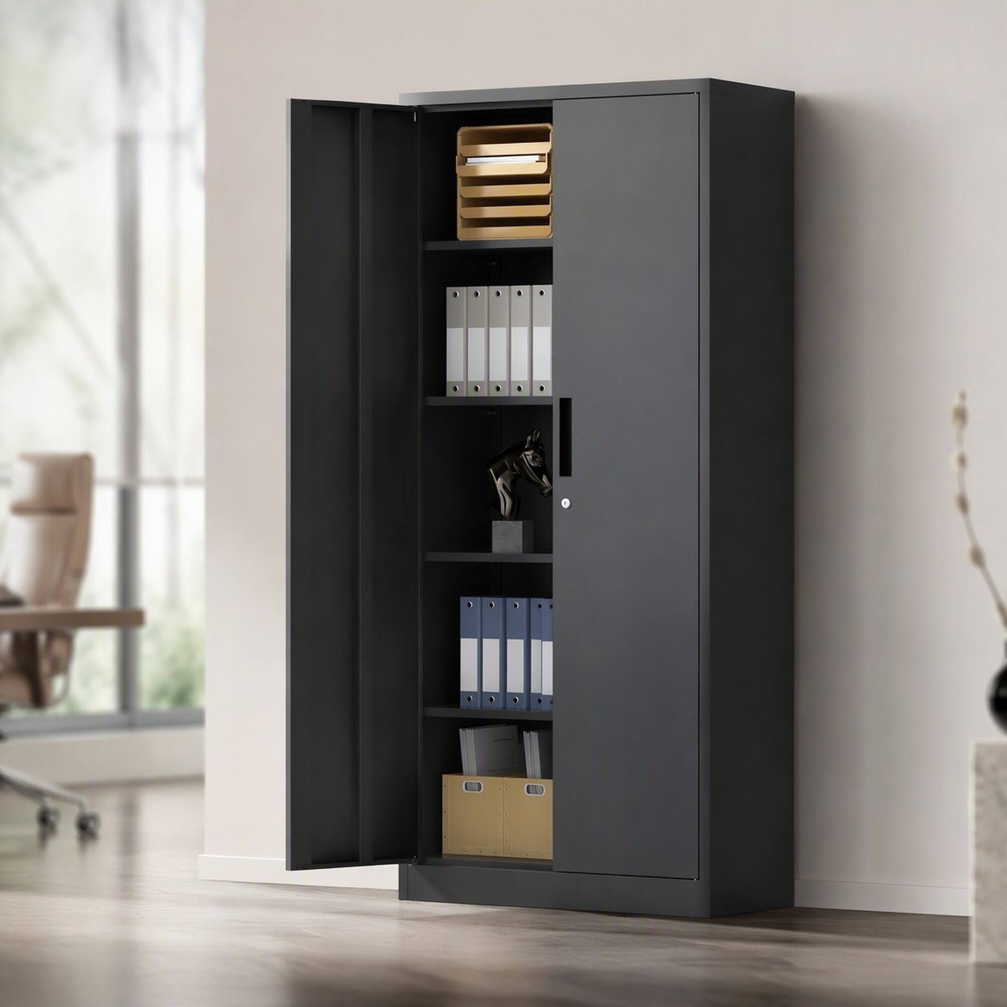 Front. RYHNUYNE - 72 in Tall Metal Garage Storage Cabinet, 35.4 in Wide Steel Locking Cabinet with 4 Adjustable Shelves, Black - Black.