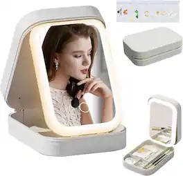 Stamp n Camp - LiveGo 3-Color LED Travel Jewelry Case and Makeup Bag with Mirror, Dust-Proof Jewelry Box, 10 Sealed Jewelry Bags - White