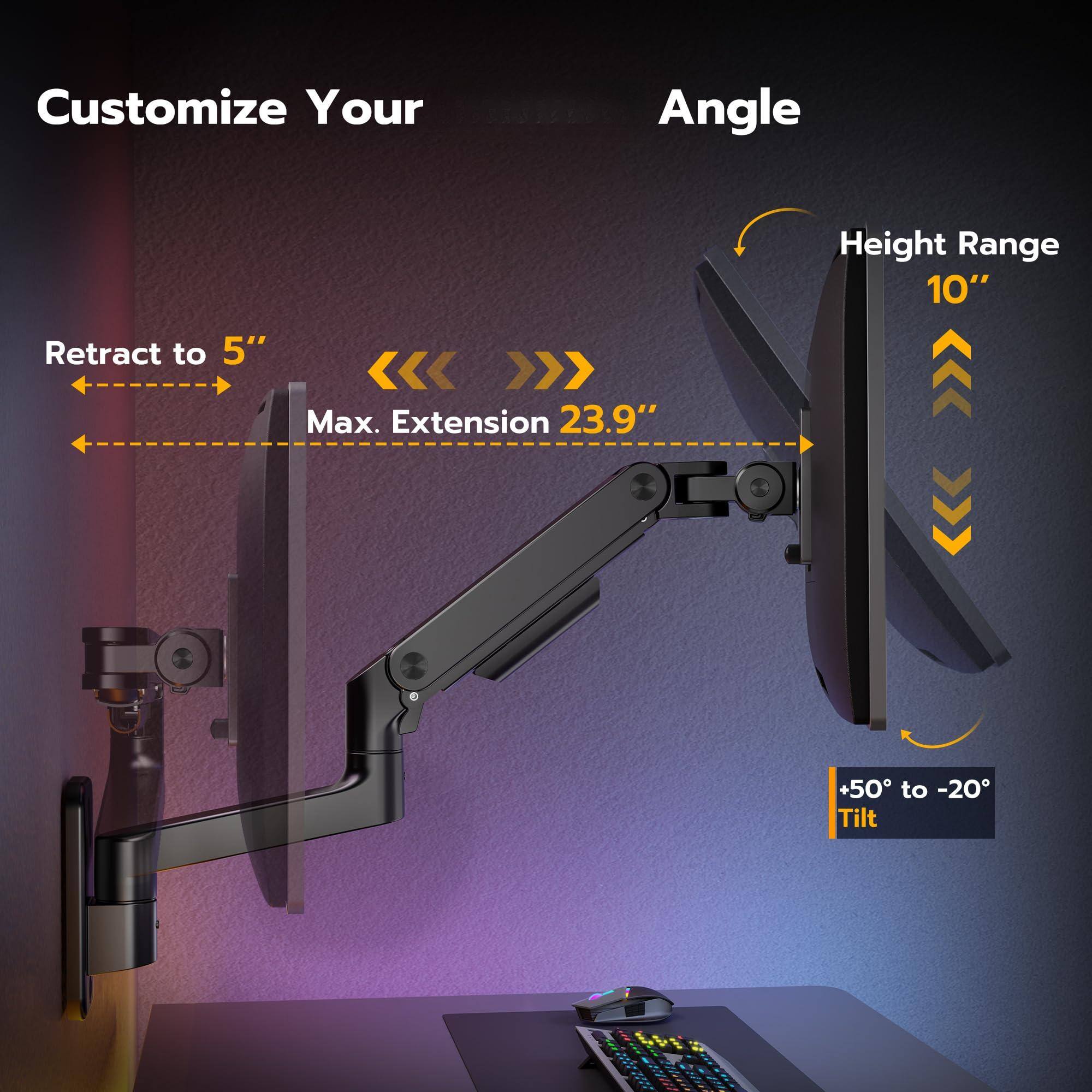 Customize Your  
Angle

- Height Range: 10"
- Max. Extension: 23.9"
- Retract to 5"
- Tilt: +50° to -20°