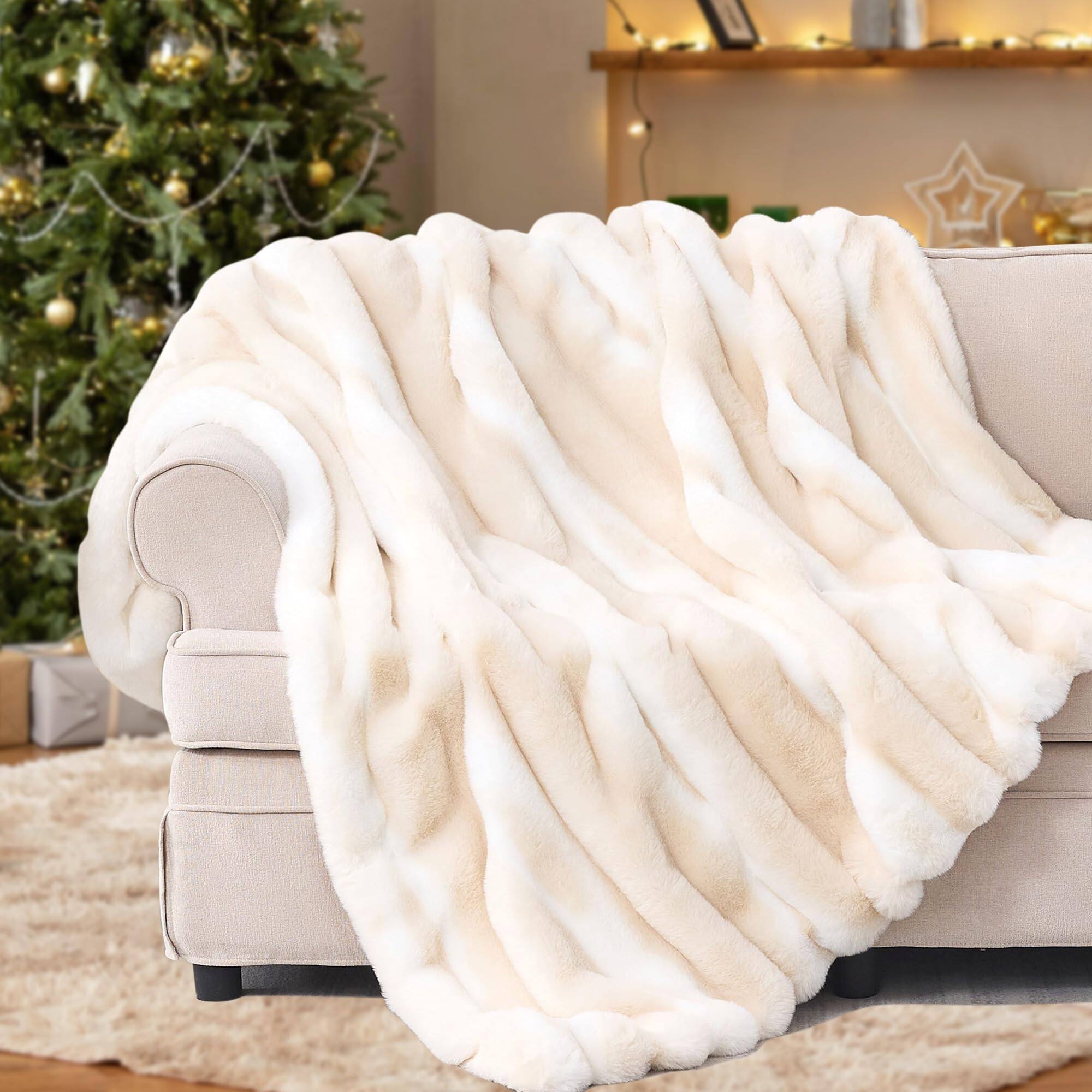 Front. ThinkLink Electronic - Faux Rabbit Throw Blanket - 850gsm Thick & Warm Ultra Soft Plush For Couch Bed Sofa Ideal Gift Women 60" * 80" Grey - Beige 60" × 80".