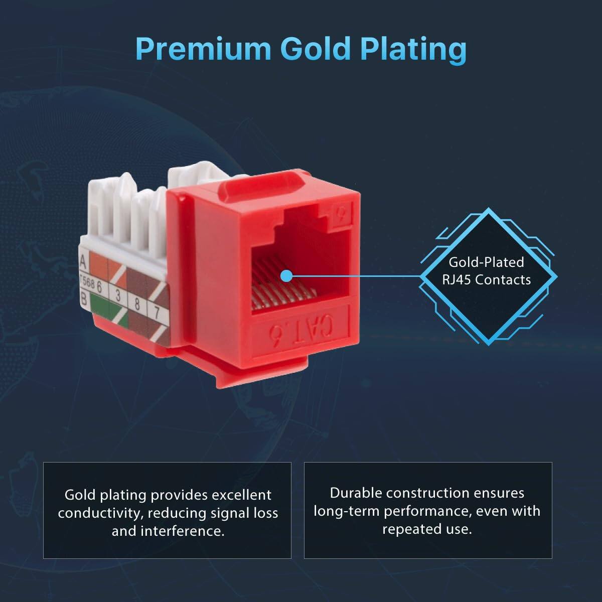 Premium Gold Plating

A 568 6 B 3 8 7 CAT.6 Gold-Plated RJ45 Contacts

Gold plating provides excellent conductivity, reducing signal loss and interference.

Durable construction ensures long-term performance, even with repeated use.