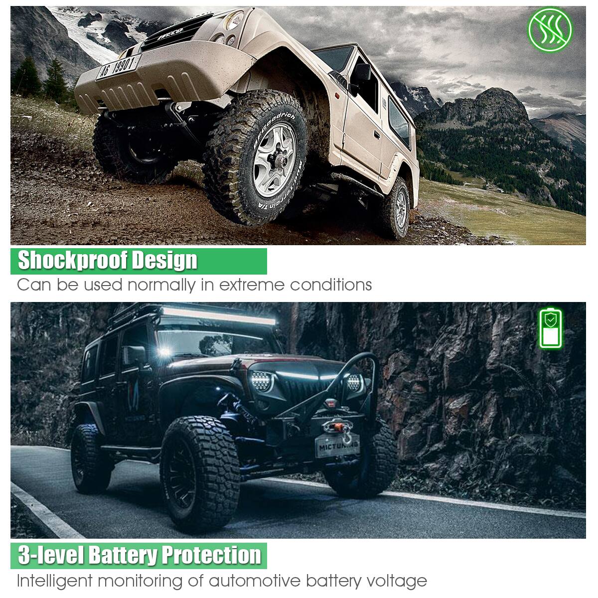 Shockproof Design: Can be used normally in extreme conditions.
3-level Battery Protection: Intelligent monitoring of automotive battery voltage.