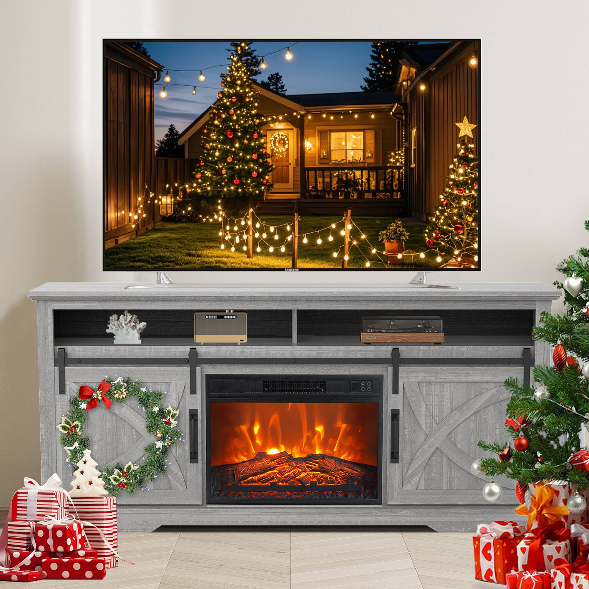 Ihomeadore - 68" TV Stand with Electric Fireplace Media Console for TVs up to 78" - Gray