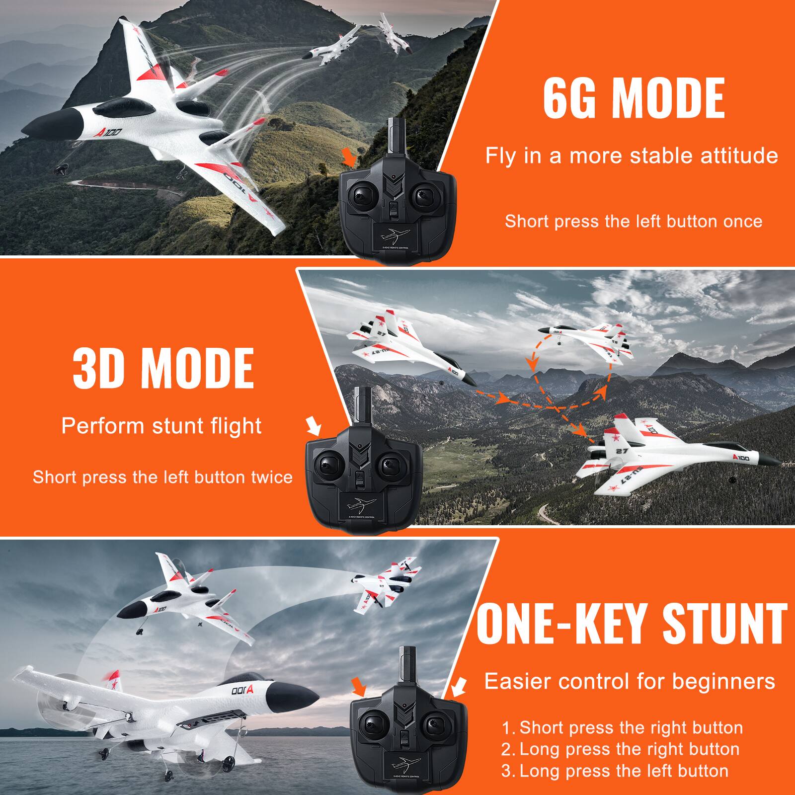 **6G MODE**  
Fly in a more stable attitude  
Short press the left button once  

**3D MODE**  
Perform stunt flight  
Short press the left button twice  

**ONE-KEY STUNT**  
Easier control for beginners  
1. Short press the right button  
2. Long press the right button  
3. Long press the left button