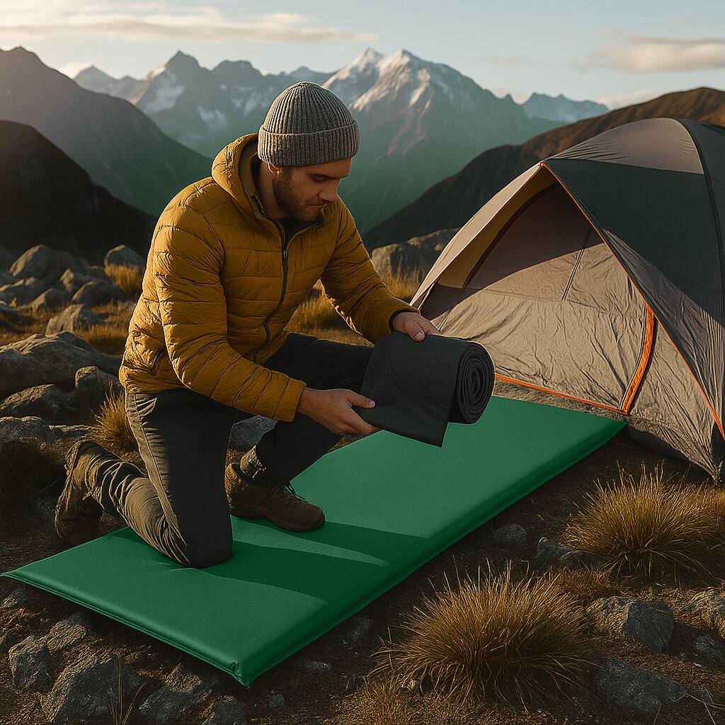 Angle. BreeBe - Compact Self-Inflating Foam Sleeping Pad with Carry Bag for Camping and Travel - Green.