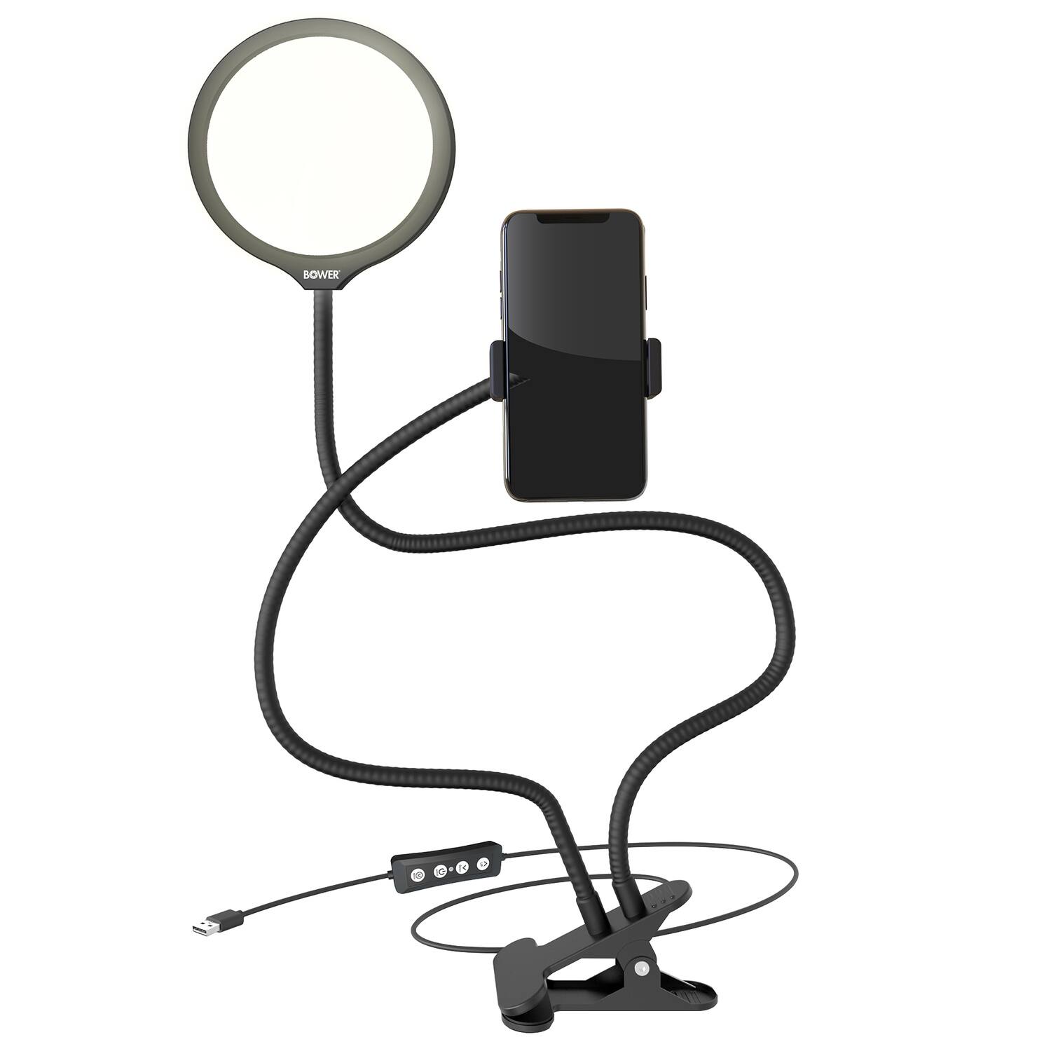 Front. Bower - 6" Dual-Arm Flexible-Panel LED Ring Light, Integrated Metal Clamp, In-Line Remote, USB Powered - Black.