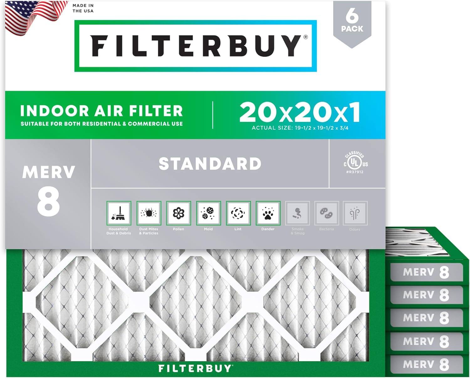 Filterbuy - 20x20x1 MERV 8 Dust & Allergy Defense, Electrostatic Pleated HVAC AC Furnace Air Filters Replacement (6-Pack) - Silver