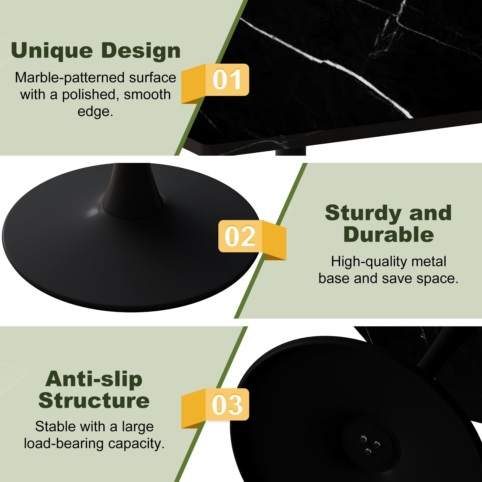 Unique Design  
Marble-patterned surface with a polished, smooth edge.  
01  

Sturdy and Durable  
High-quality metal base and save space.  
02  

Anti-slip Structure  
Stable with a large load-bearing capacity.  
03