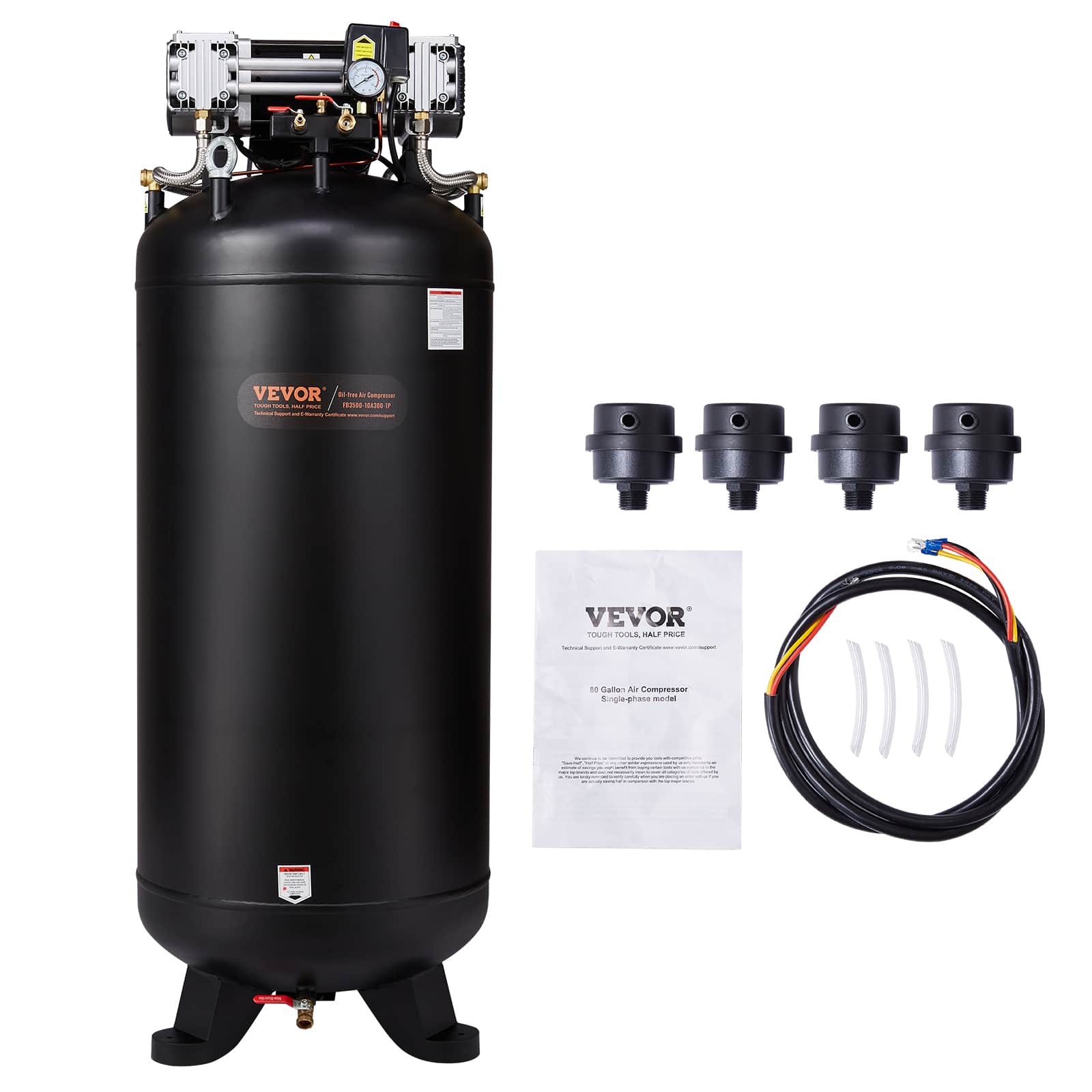 VEVOR - 80 Gallon Air Compressor, 6.5HP 15.5SCFM@90 PSI, 145PSI Oil Free Stationary Air Compressor Tank, 86dB Quiet Compressor - Black