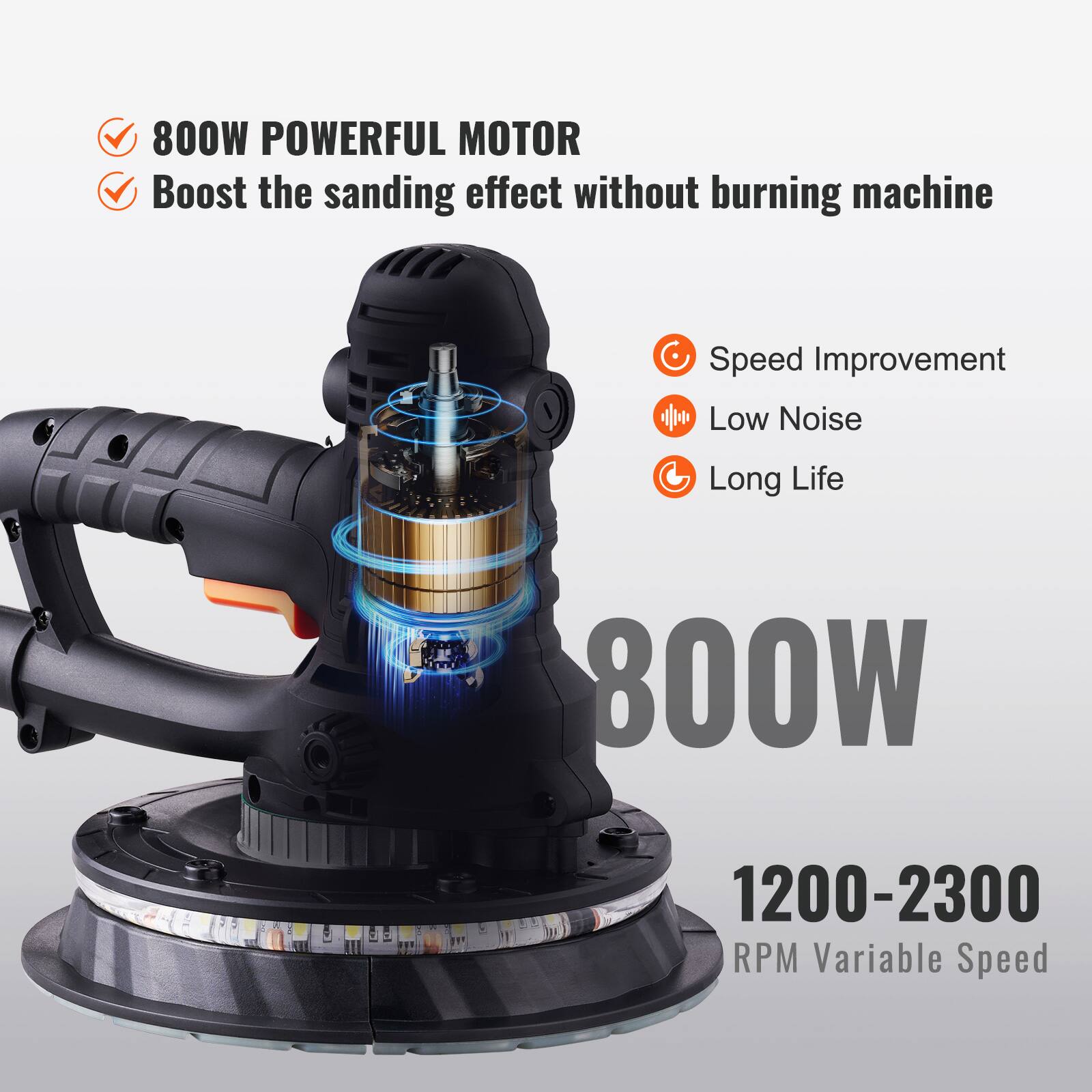 800W POWERFUL MOTOR Boost the sanding effect without burning machine

Speed Improvement
Low Noise
Long Life

800W

1200-2300 RPM Variable Speed