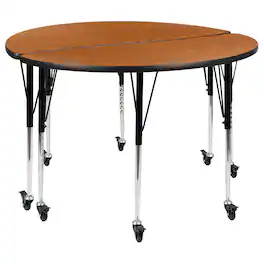 Flash Furniture - Emmy 2 Piece Mobile 47.5" Circle Wave Flexible Oak Thermal Laminate Adjustable Activity Table Set - Brown