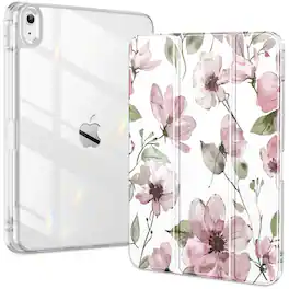 DTTO - Case for iPad (A16)/10th Gen (2025/2022), clear hard back, soft TPU frame, slim trifold stand, auto wake/sleep - Mauve Flowers