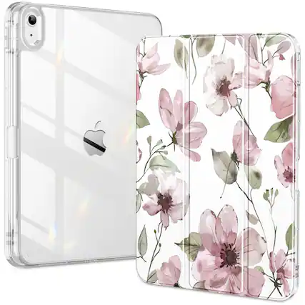 Front. DTTO - Case for iPad (A16)/10th Gen (2025/2022), clear hard back, soft TPU frame, slim trifold stand, auto wake/sleep - Mauve Flowers.