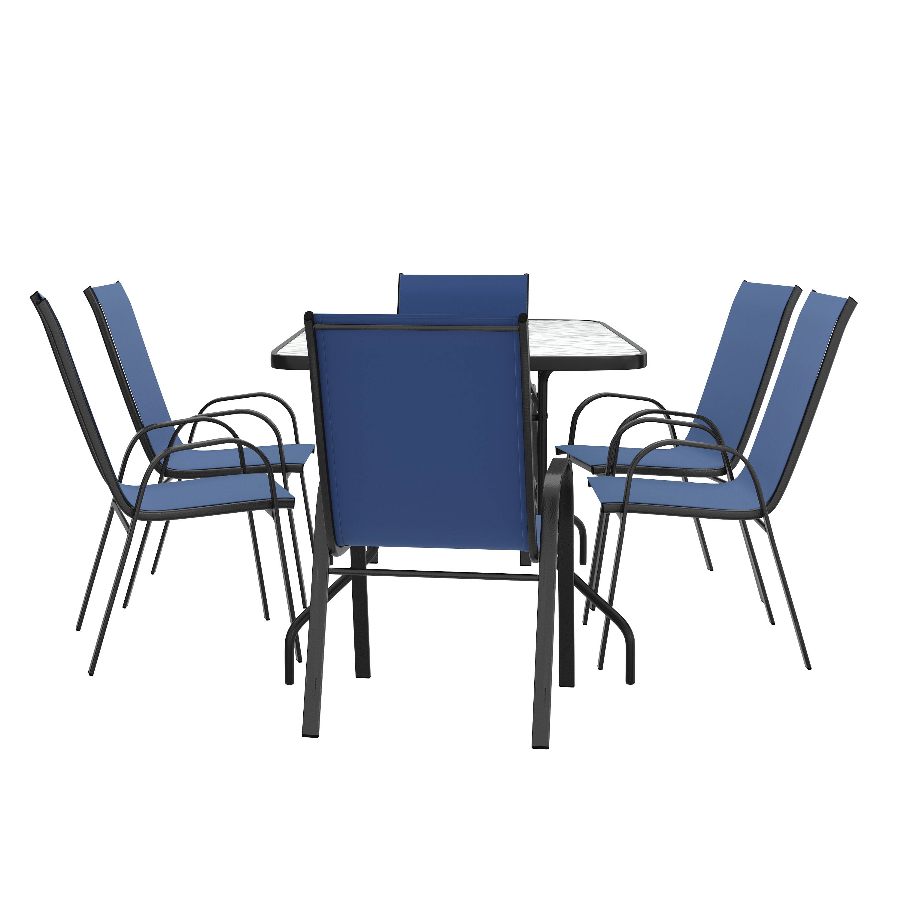 Alt View 8. Emma + Oliver - Seven Piece Patio Table Set with Metal Table with Tempered Glass Top and 6 Flex Comfort Stacking Chairs - Navy.