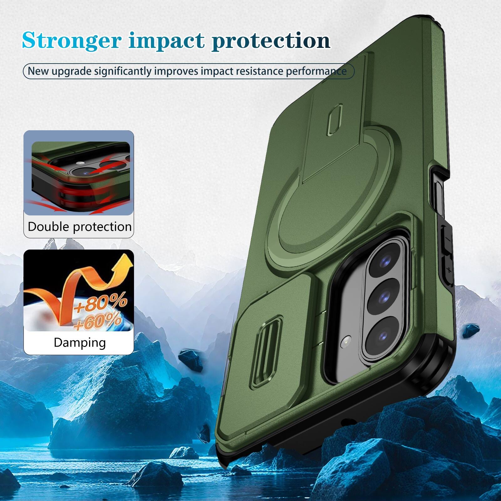 Stronger impact protection  
New upgrade significantly improves impact resistance performance  
Double protection  
+80% +60% Damping