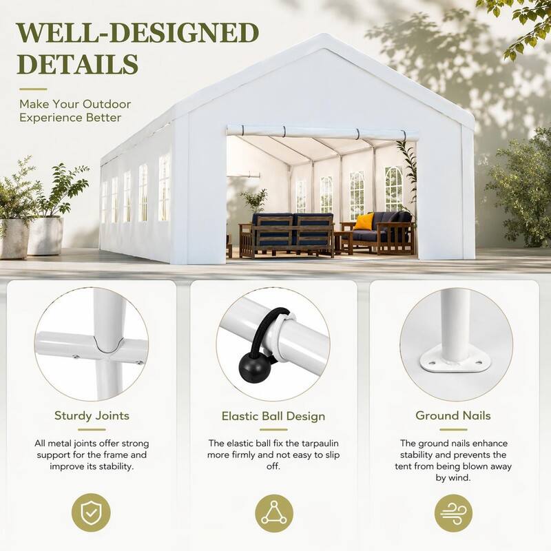 WELL-DESIGNED DETAILS

Make Your Outdoor Experience Better

Sturdy Joints
All metal joints offer strong support for the frame and improve its stability.

Elastic Ball Design
The elastic ball fixes the tarpaulin more firmly and not easy to slip off.

Ground Nails
The ground nails enhance stability and prevent the tent from being blown away by wind.