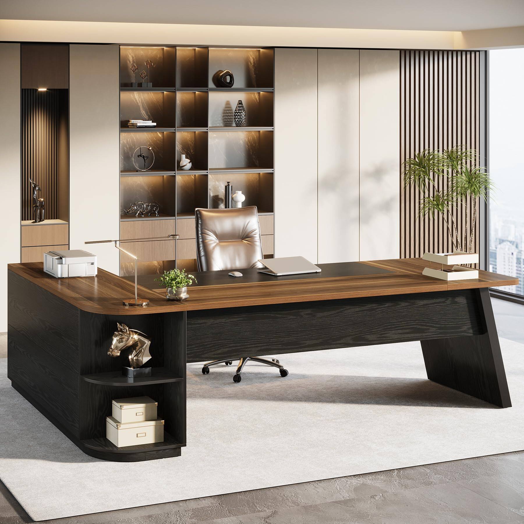 Front. Tribesigns - 79" Executive Desk, Large Office Desk with Cabinet, L-Shaped - Brown.