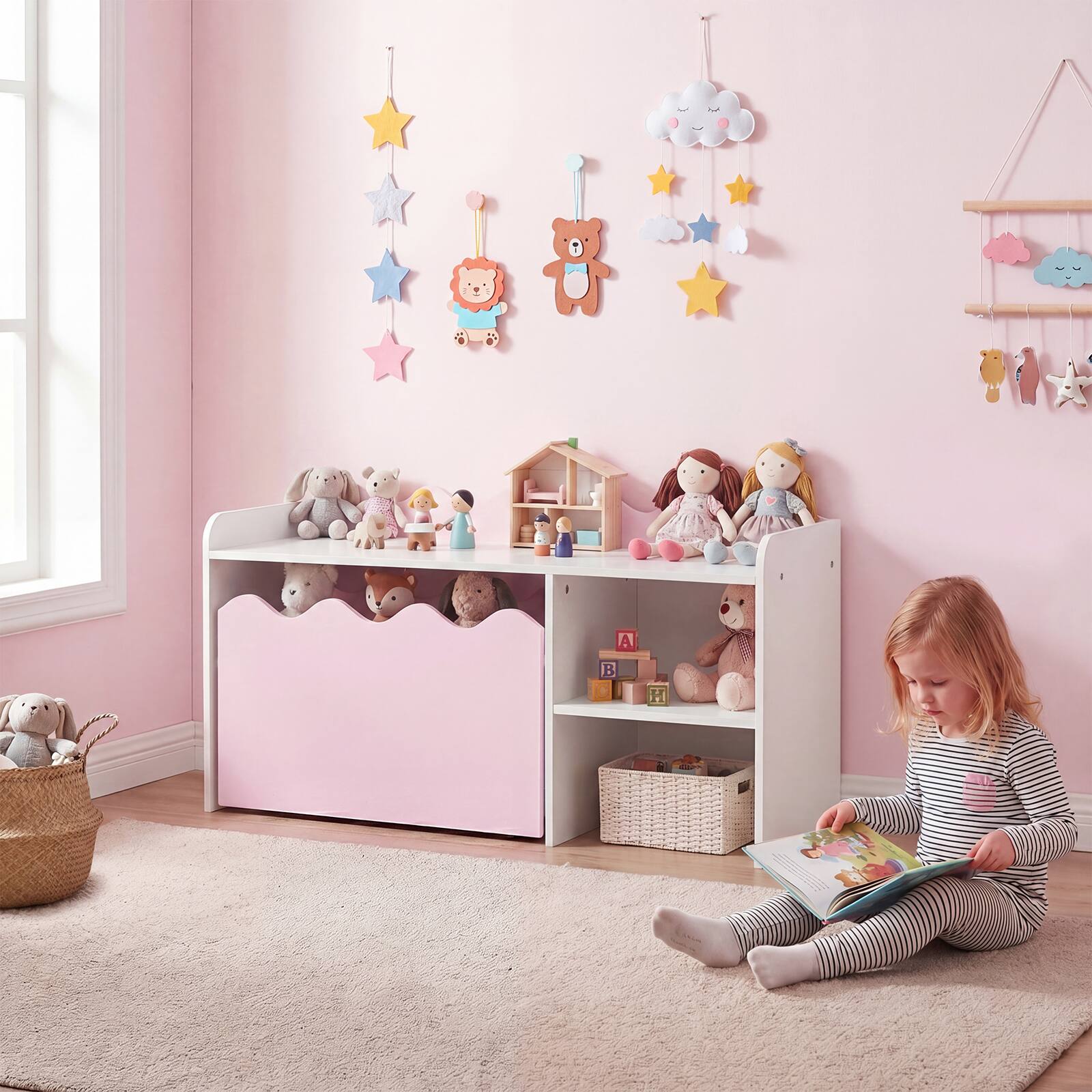 Alt View 5. Costway - Costway Kids Bookshelf & Toy Storage Organizer,Wooden Toddler Book Rack with Movable Drawer - Pink + White.