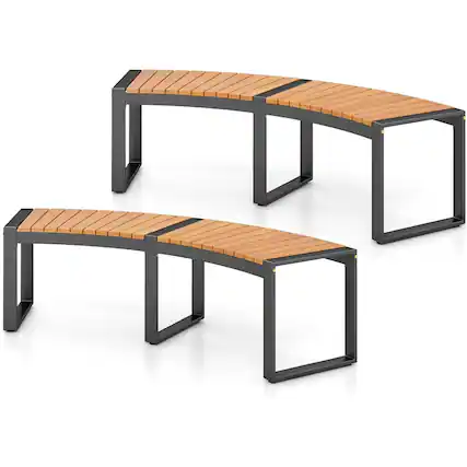 Front. SlickBlue - Set of 2 Outdoor Backless Garden Benches with Metal & Wood, Curved Design - Natural, Black.