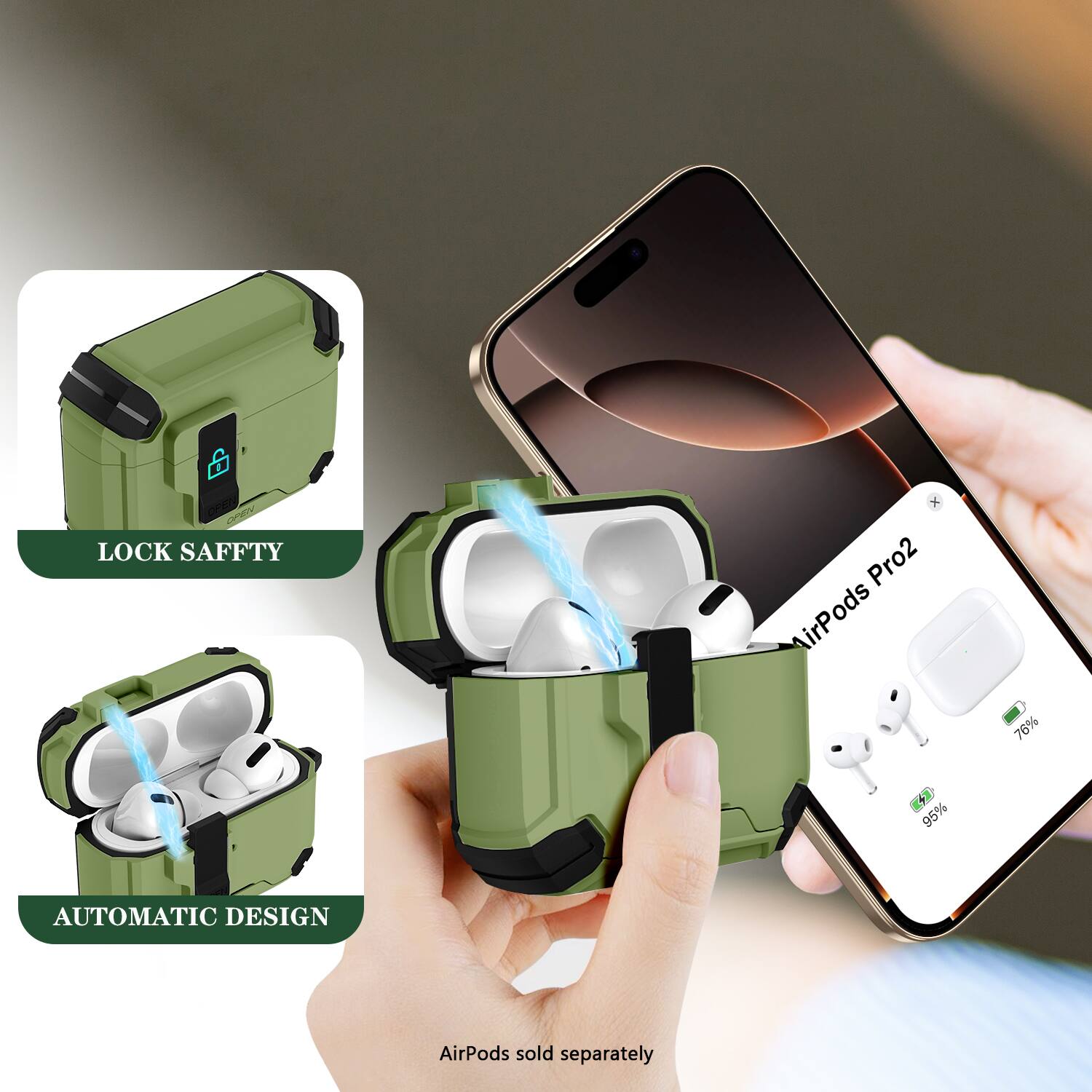 OPBY LOCK SAFETY x Pro2 AirPods  
76% + 2 95% AUTOMATIC DESIGN  
AirPods sold separately