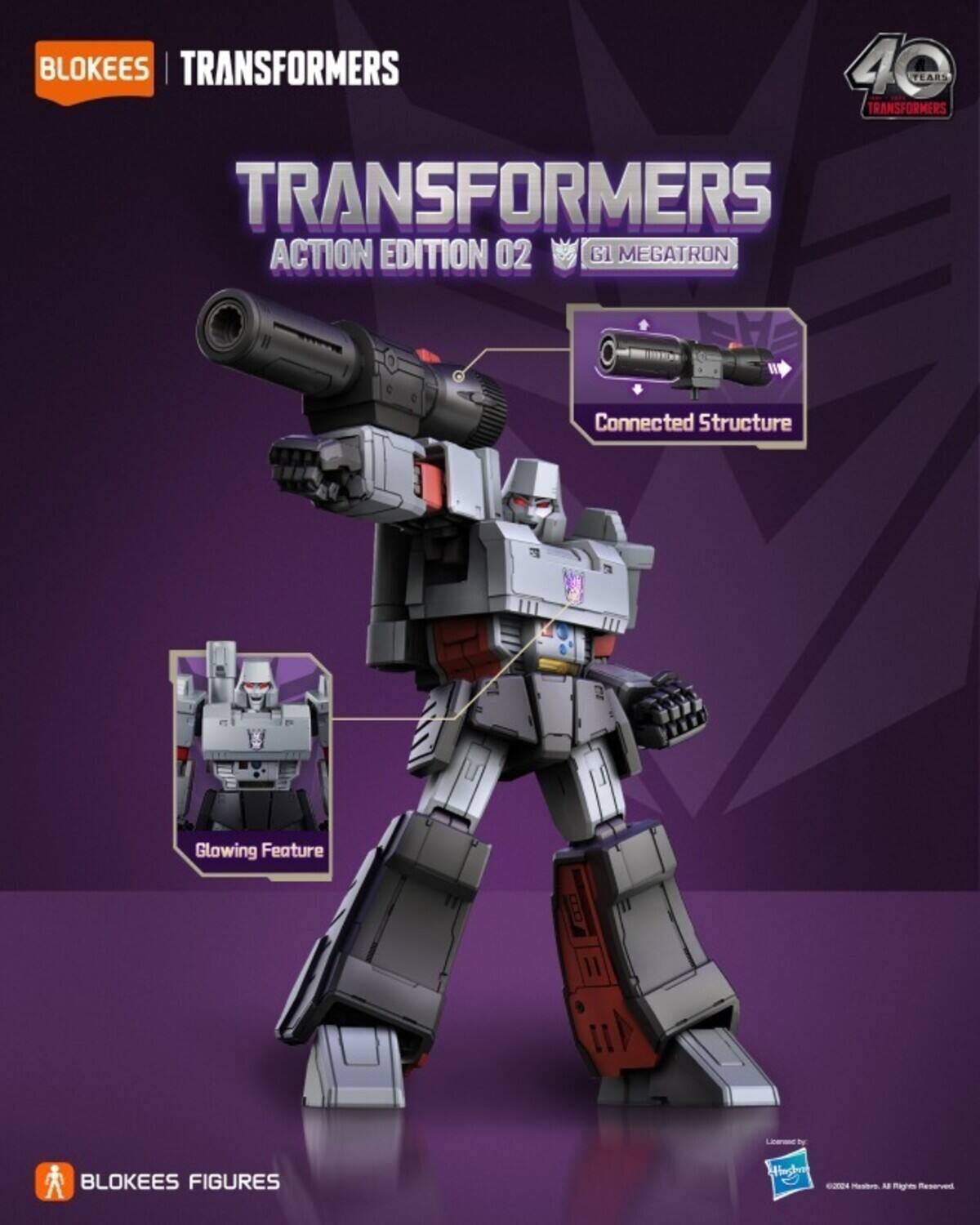 BLOKEES | TRANSFORMERS  
40 YEARS TRANSFORMERS  
ACTION EDITION 02  
GI MEGATRON  

Connected Structure  
Glowing Feature  

BLOKEES FIGURES  

Licensed by Hasbro  
©2024 Hasbro. All Rights Reserved.