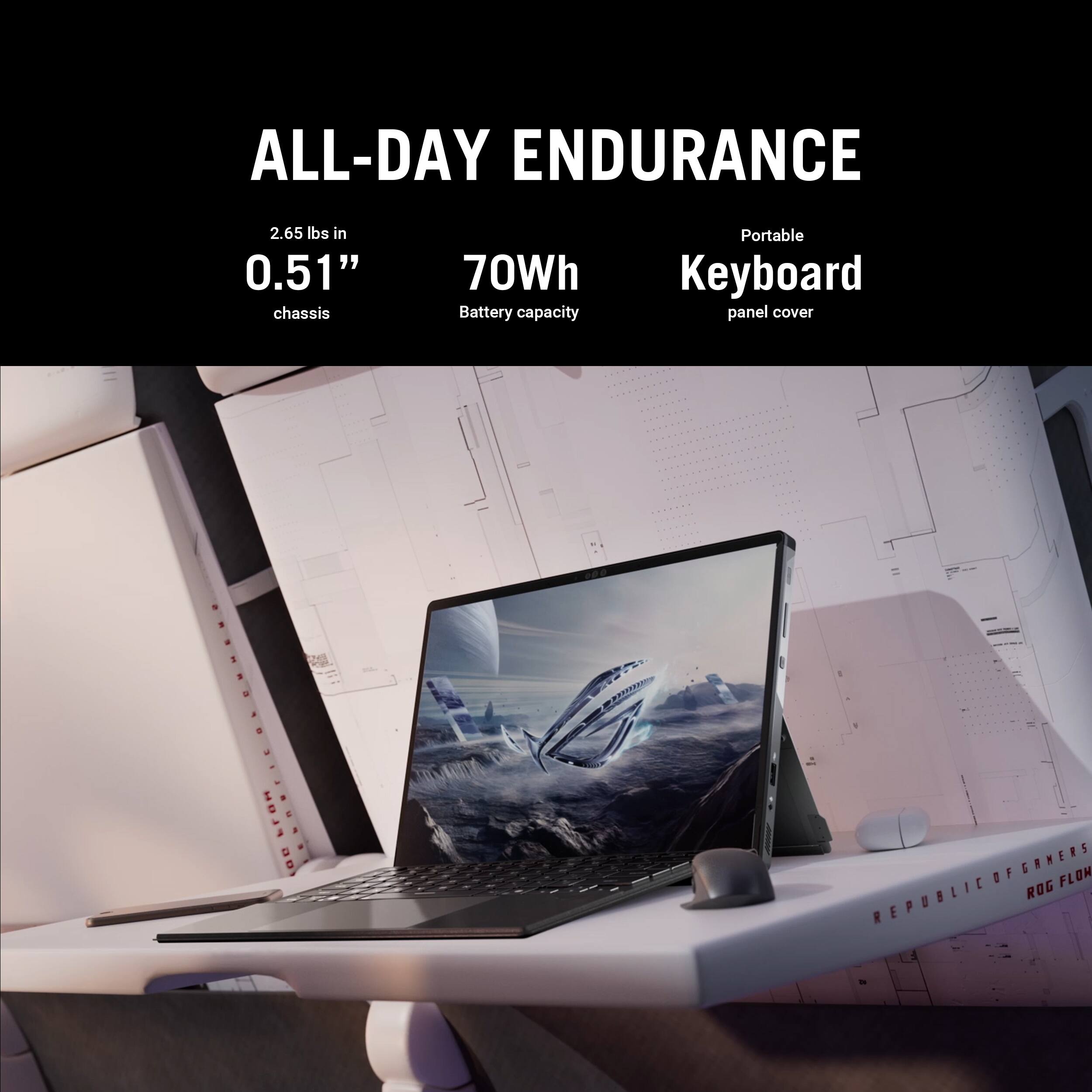 ALL-DAY ENDURANCE 2.65 lbs in 0.51" chassis 70Wh Battery capacity Portable Keyboard panel cover GAMERS OF ROG FLAM REPUBLIC