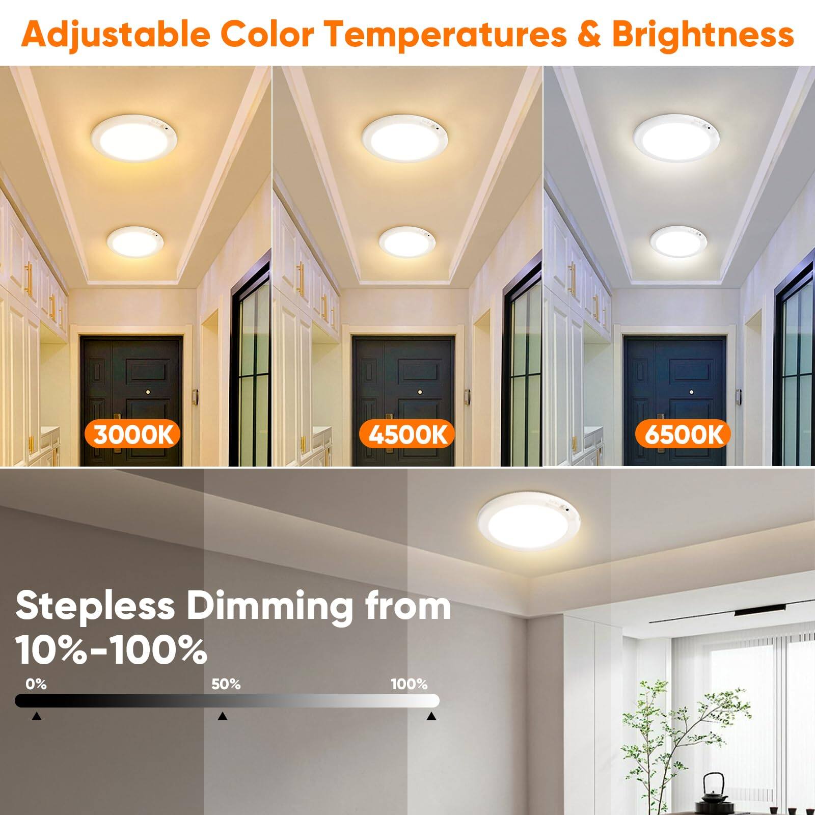 Adjustable Color Temperatures & Brightness

3000K 4500K 6500K

Stepless Dimming from 10%-100%